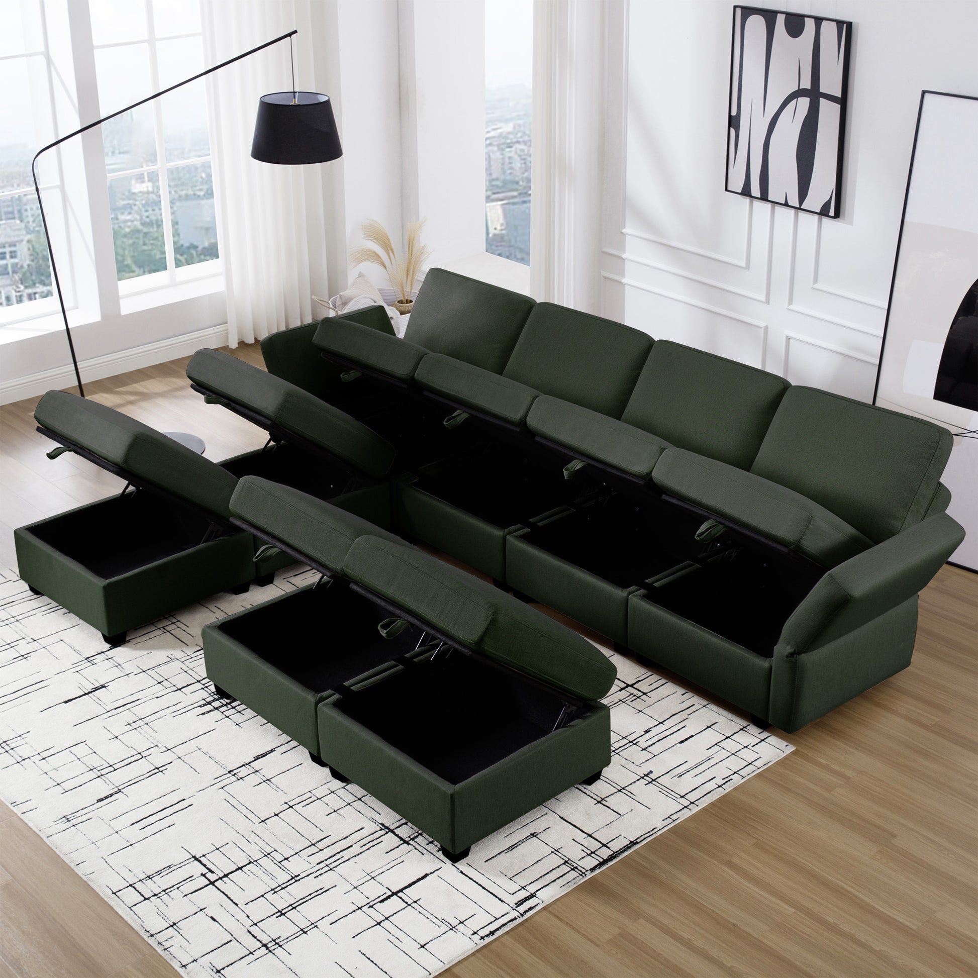Adjustable Arms And Backs Sectional Sofa, Modern Sectional Couch U Shaped Sofa Couch With Storage Ottoman, Sofa With Convertible Chaise Green Green Polyester 4 Seat