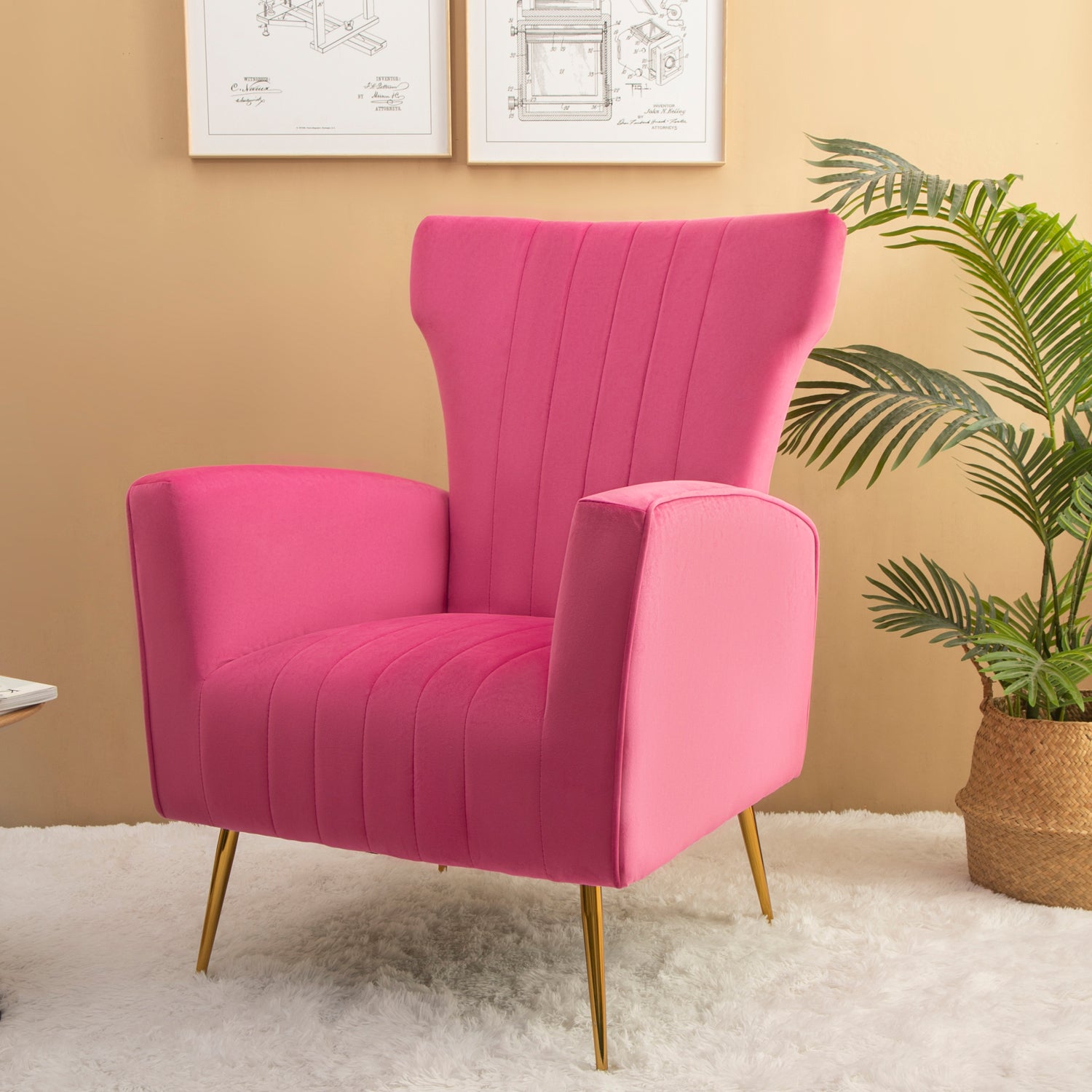 Velvet Accent Chair, Wingback Arm Chair With Gold Legs, Upholstered Single Sofa For Living Room Bedroom Rose Red Velvet 1 Seat