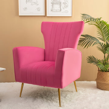 Velvet Accent Chair, Wingback Arm Chair With Gold Legs, Upholstered Single Sofa For Living Room Bedroom Rose Red Velvet 1 Seat