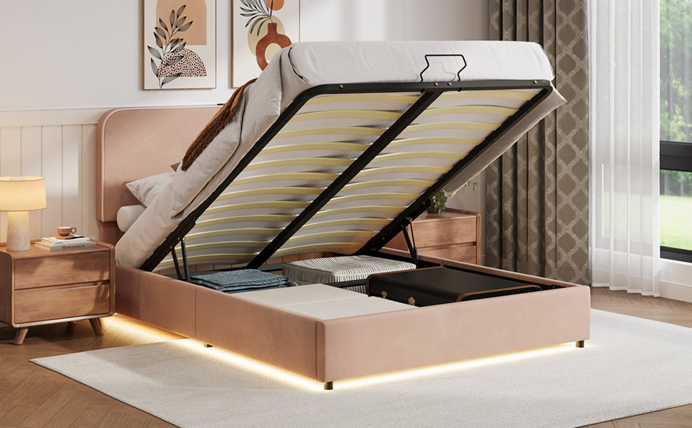 Upholstered Platform Full Size Hydraulic Storage Bed, Lift Up Storage Bed With Rgb Led Light, Bluetooth Speaker, No Box Spring Needed, Lychee Velvet,Pink Full Pink Velvet Fabric Metal