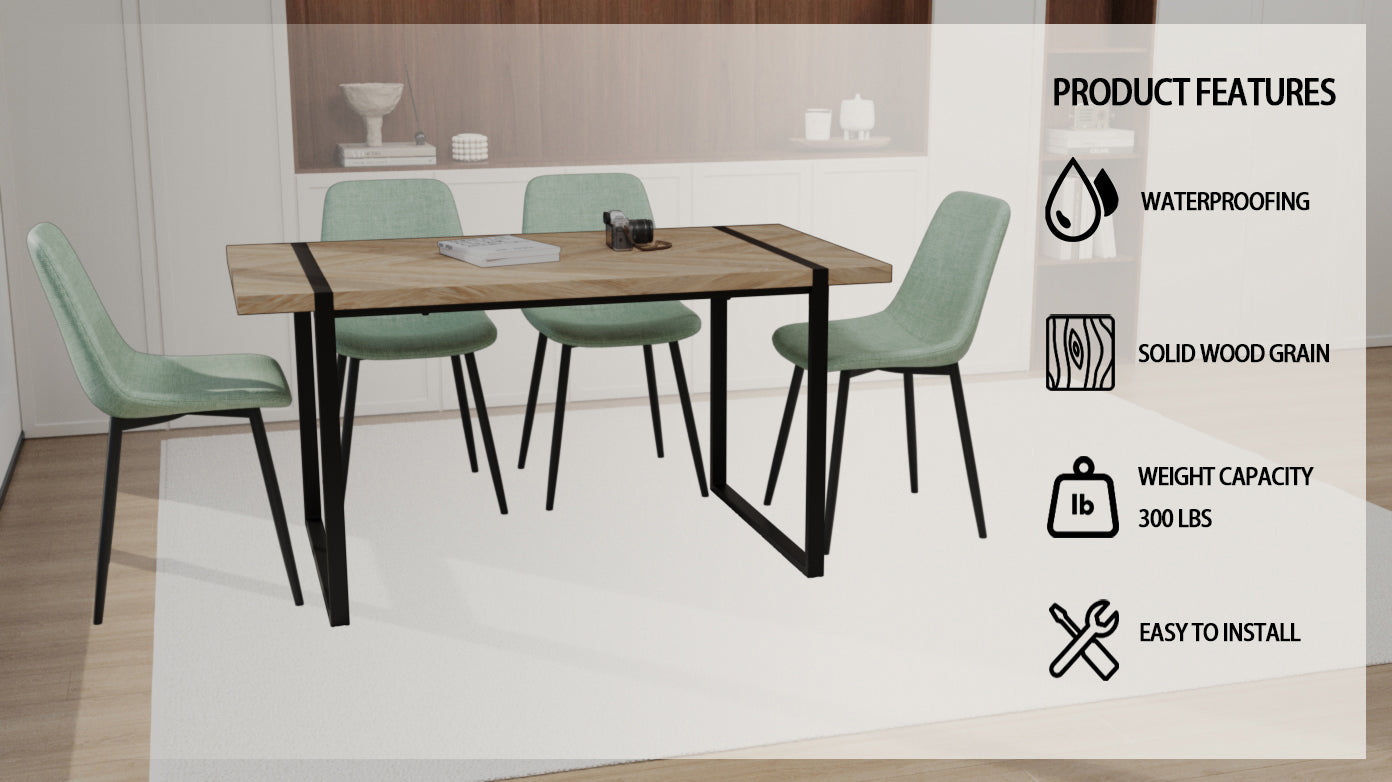 Mdf Light Wood Dining Table And Modern Dining Chair 4 Piece Set, Medieval Wooden Kitchen Dining Table Set, Rectangular Metal Base, Dining Table And Suede Chair Brown Green Mdf