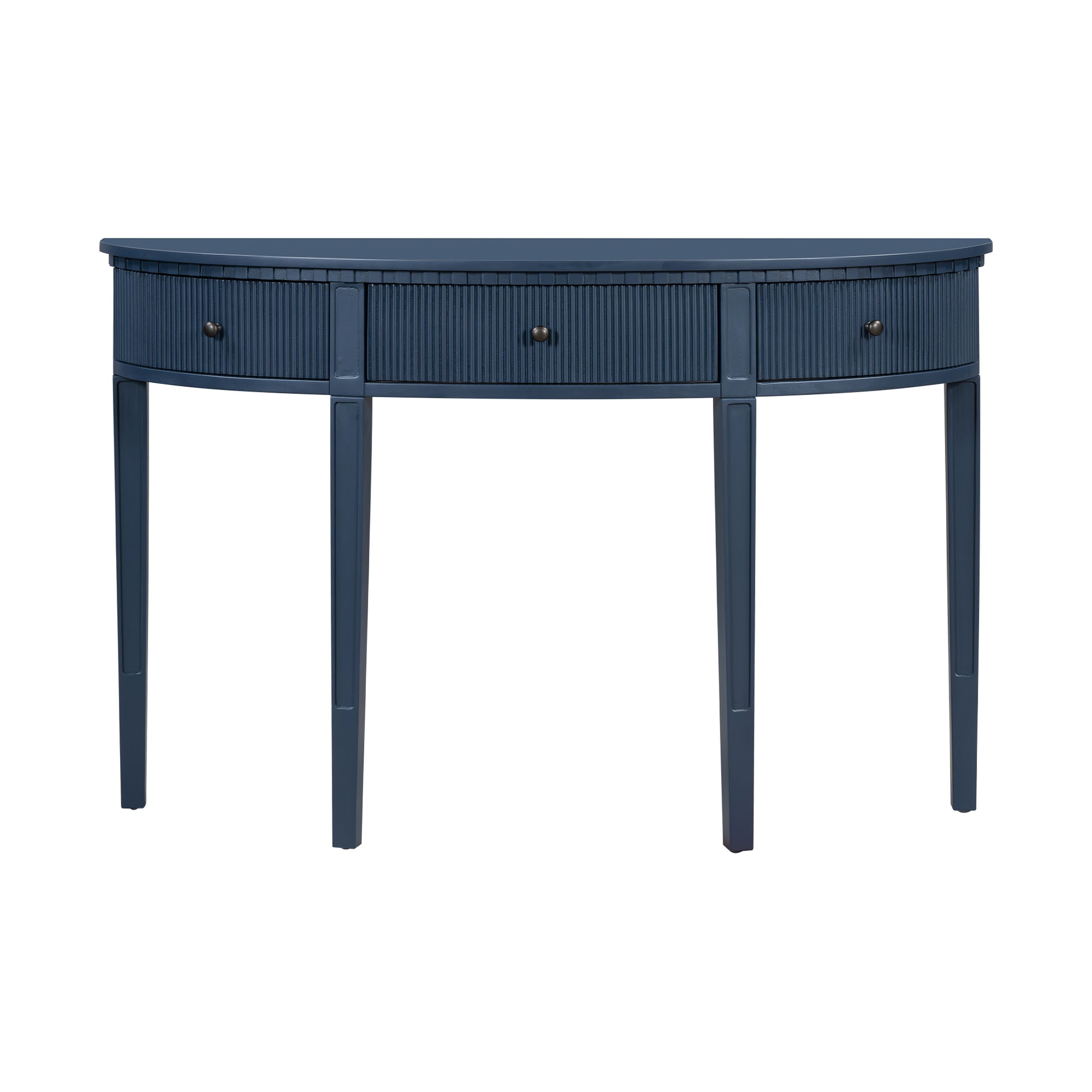 Distinctive Features Of Pine Veneer Console Table With Vertical Stripe Drawer Fronts And Four Legs Navy Blue Primary Living Space Minimalist Mdf