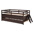 Low Loft Bed Twin Size With Full Safety Fence, Climbing Ladder, Storage Drawers And Trundle Espresso Solid Wood Bed Espresso Solid Wood