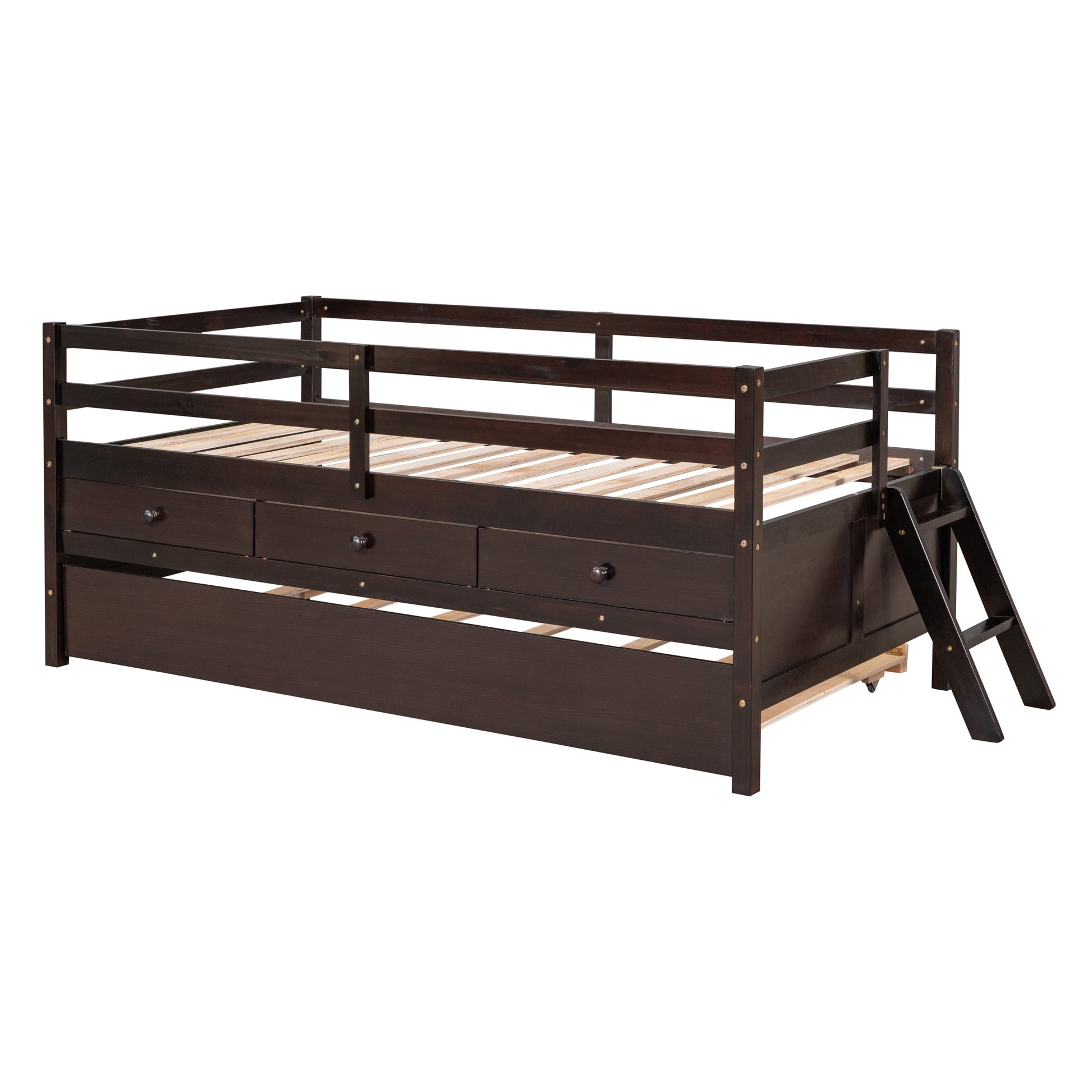 Low Loft Bed Twin Size With Full Safety Fence, Climbing Ladder, Storage Drawers And Trundle Espresso Solid Wood Bed Espresso Solid Wood