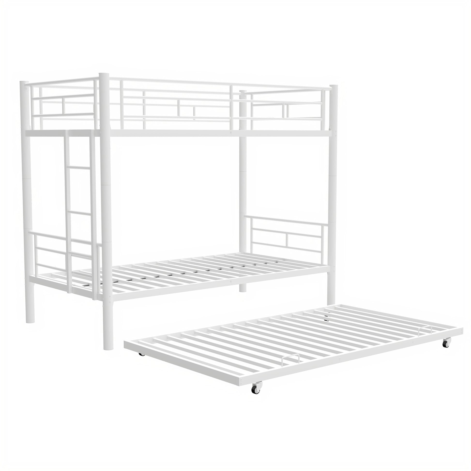 Heavy Duty Sturdy Meta Twin Over Twin With Trundle Bunk Bed L Noise Reduced Safety Guardrail No Box Spring Needed,White Box Spring Not Required Twin White Metal