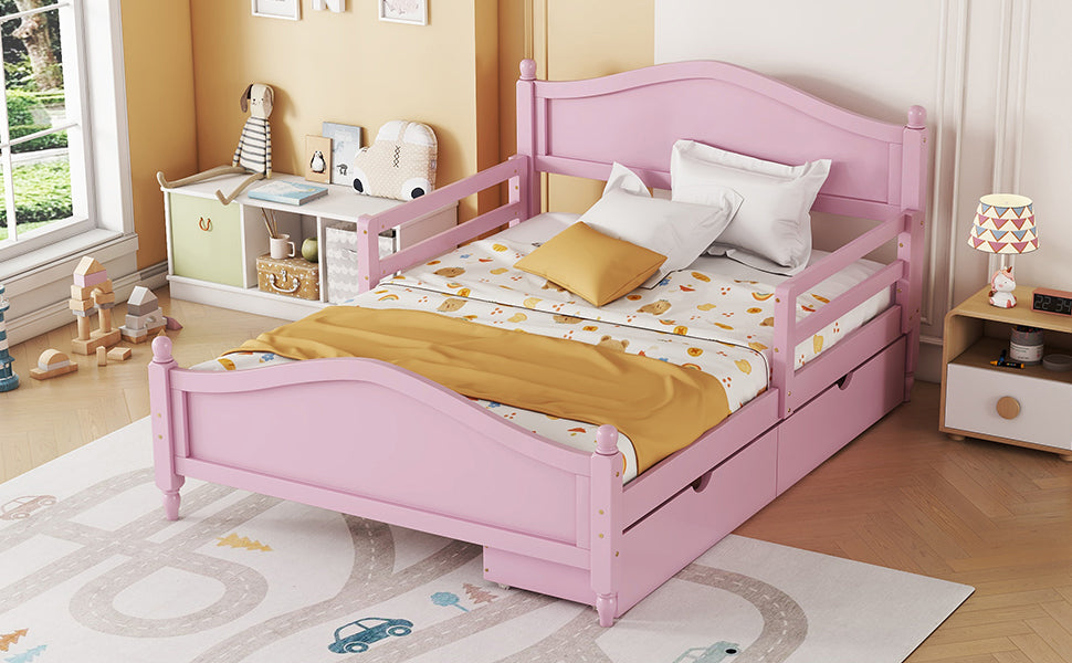 Full Size Wood Platform Bed With Guardrails On Both Sides And Two Storage Drawers ,Pink Full Pink Wood