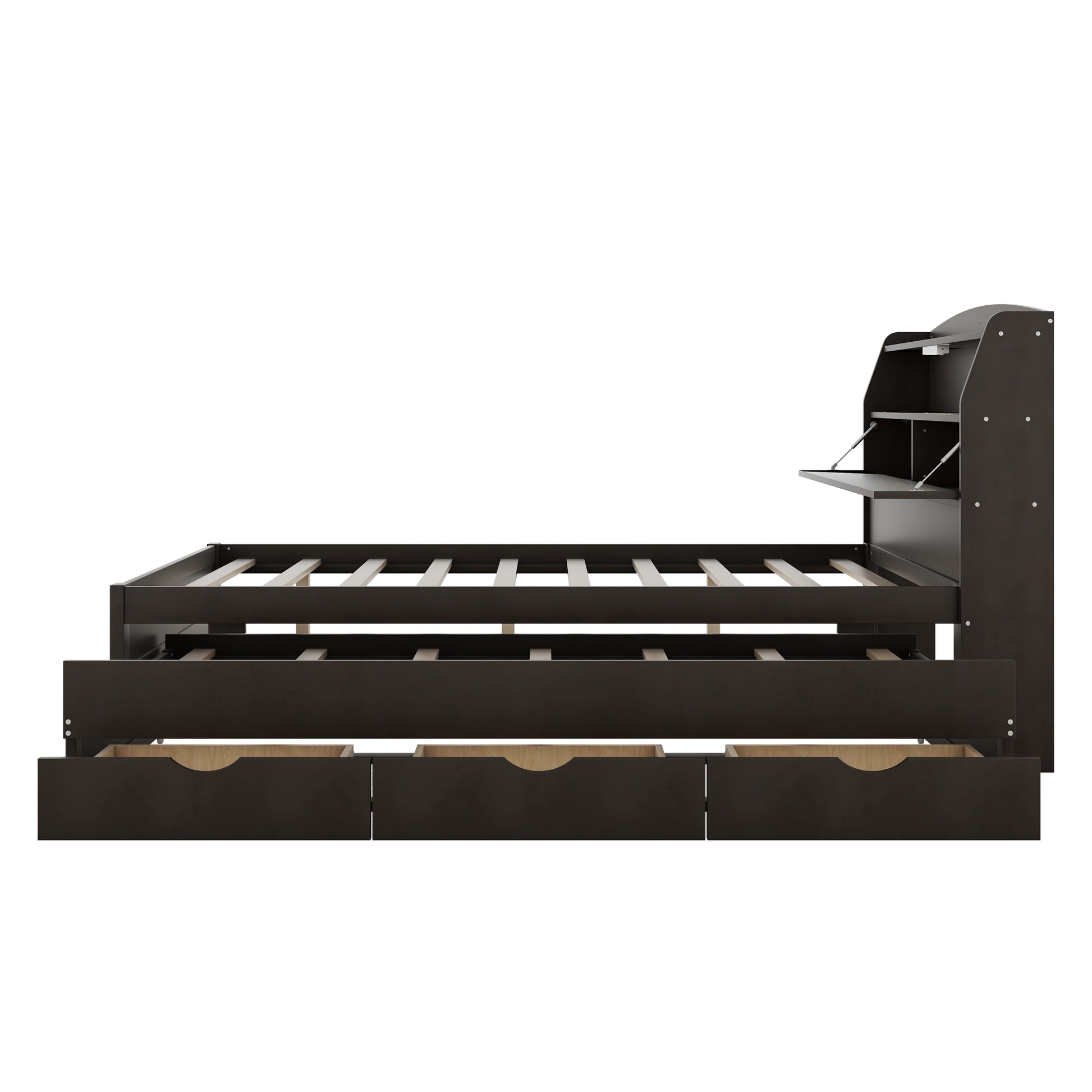 Full Size Wooden Led Platform Bed With Trundle, With Storage Headboard, With Drawers, Brown Full Brown Plywood