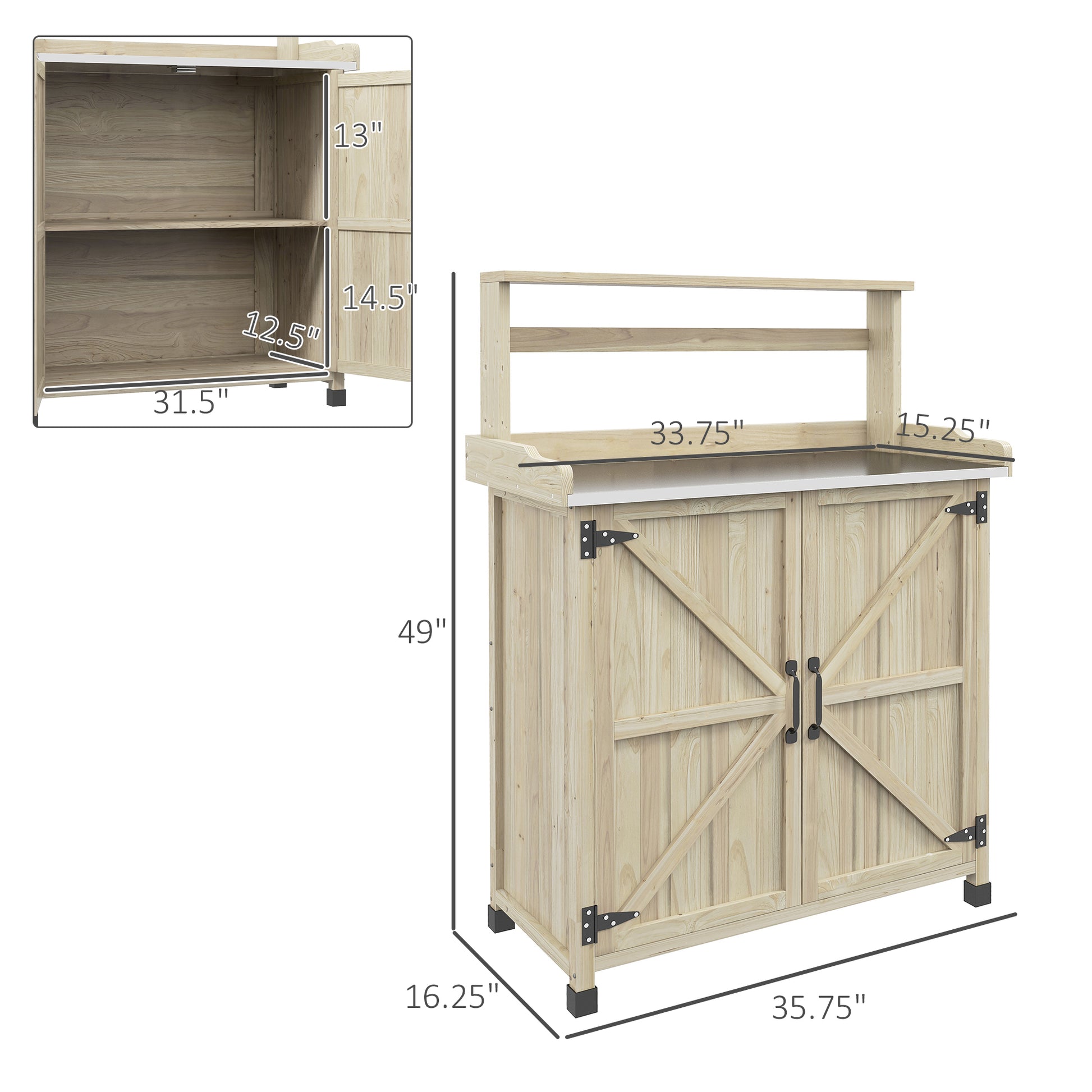 Outsunny Potting Bench, Outdoor Wooden Potting Table With Storage Cabinet With 2 Shelves, Garden Work Bench With Galvanized Plated Tabletop For Backyard, Balcony, Natural Natural Wood