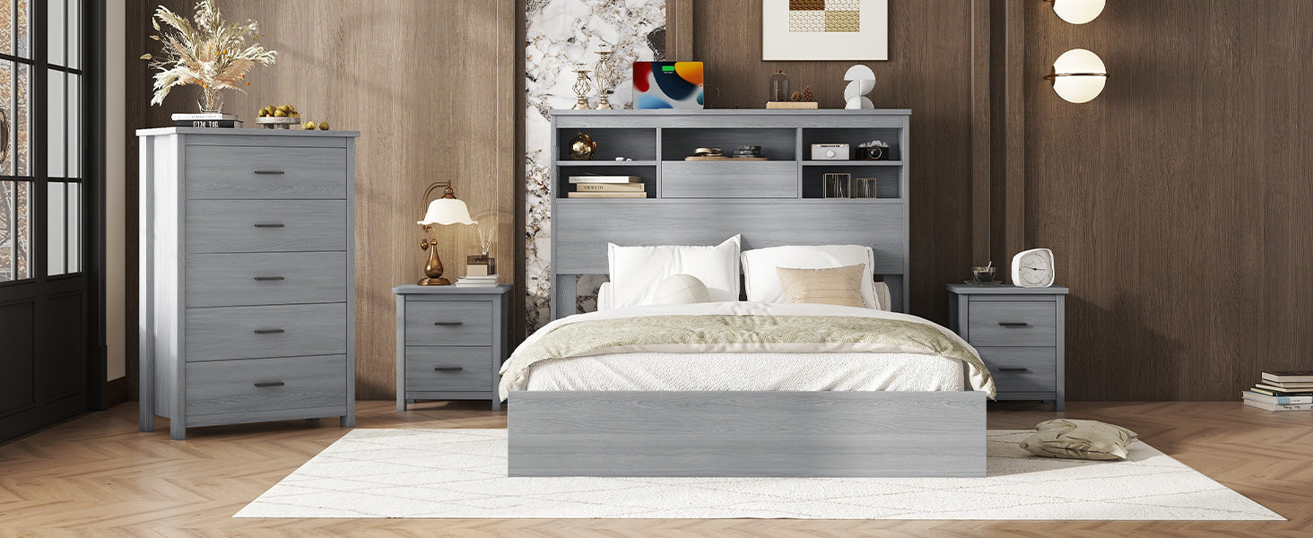 4 Pieces Bedroom Sets Queen Size Vintage Wooden Bed Frame With 2 Nightstands And 1 Dresser,Light Gray Box Spring Not Required Queen Light Gray 4 Piece Set American Traditional Solid Wood Mdf