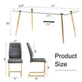 Table And Chair Set.Modern Rectangular Glass Dining Table With A Tempered Glass Tabletop And Metal Legs, Paired With Multiple Chairs Designed With Pu Cushions And Golden Metal Legs. Grey Gold Seats 6 Tempered Glass