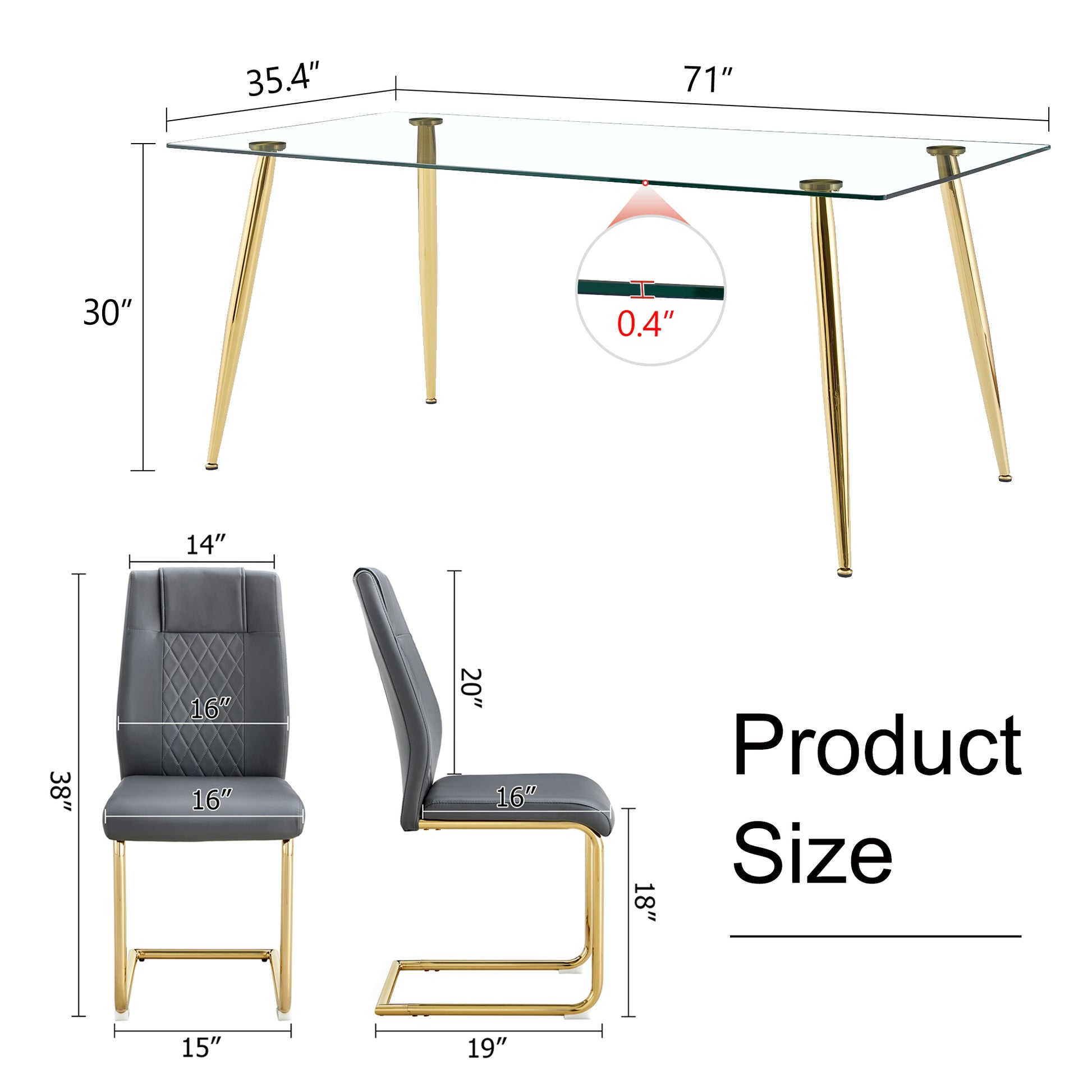 Table And Chair Set.Modern Rectangular Glass Dining Table With A Tempered Glass Tabletop And Metal Legs, Paired With Multiple Chairs Designed With Pu Cushions And Golden Metal Legs. Grey Gold Seats 6 Tempered Glass