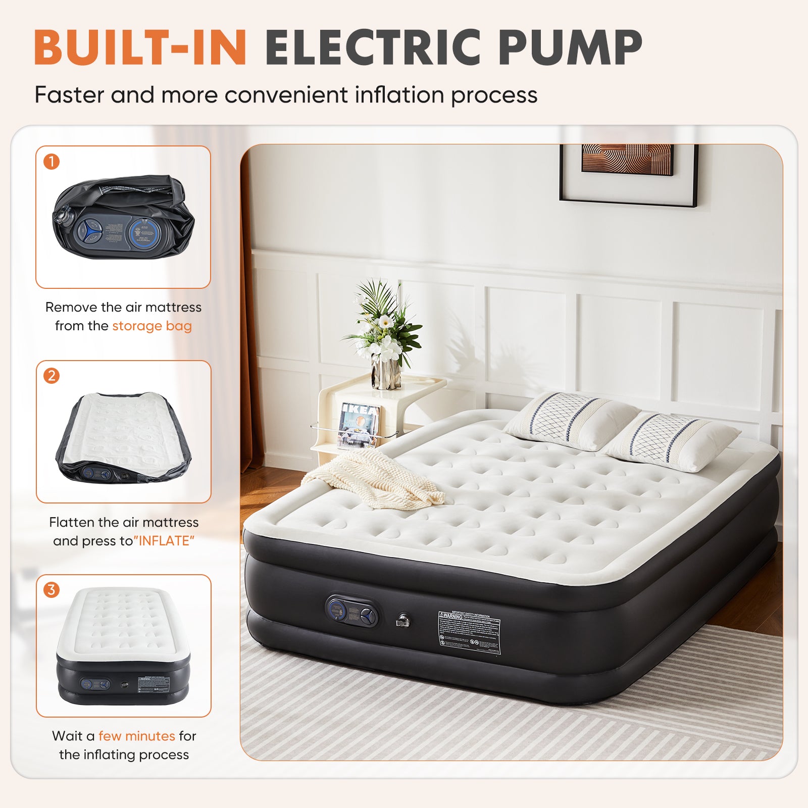Inflatable Air Mattress With Built In Pump, Queen Size 18In Black Pvc Queen