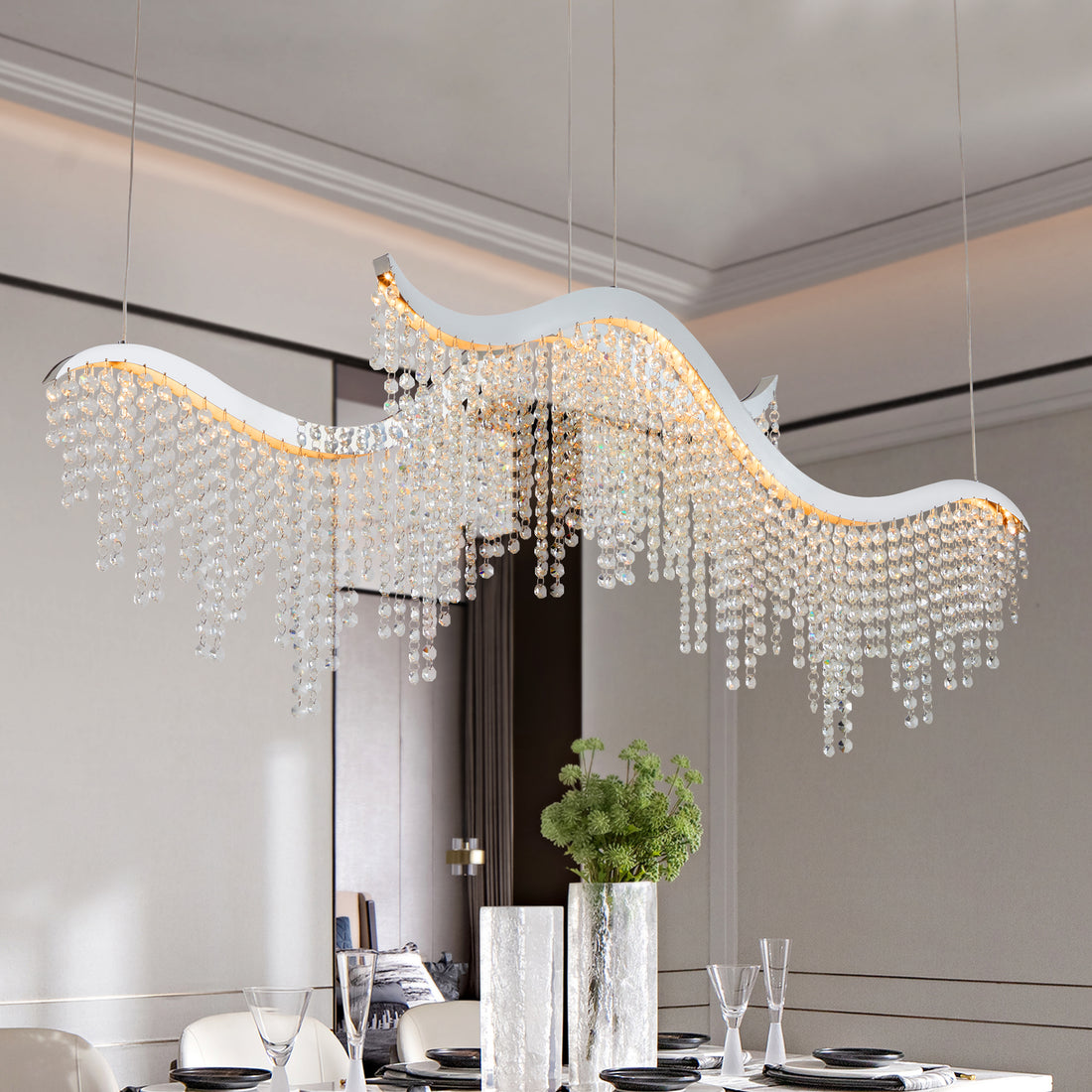 36.2 Inch Dangling Wave Crystal Chandeliers Chrome,Transparent Modern Crystal,Stainless Steel
