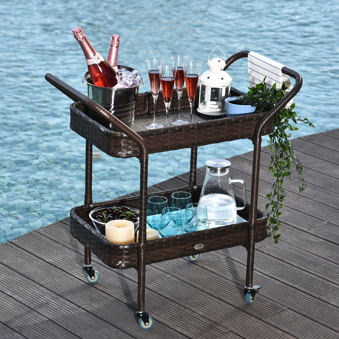 Outsunny Rattan Wicker Serving Cart With 2 Tier Open Shelf, Outdoor Wheeled Bar Cart With Brakes For Poolside, Garden, Patio Brown Steel