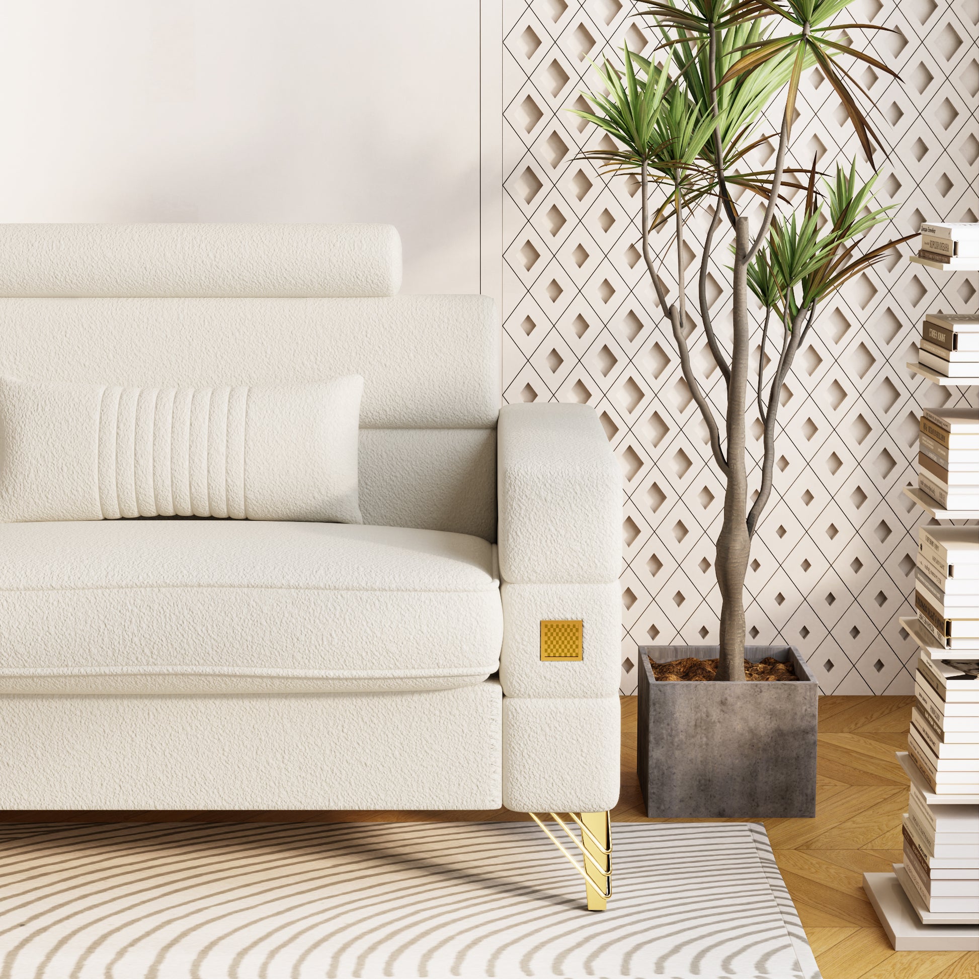 Fx P15 Wb Sofa Elegant White Imitation Wool Circle Fabric Sofa With Adjustable Headrests Contemporary 3 Seat Couch With Gold Legs, Perfect For Living Room And Office Decor Temu Suitable White Velvet 3 Seat