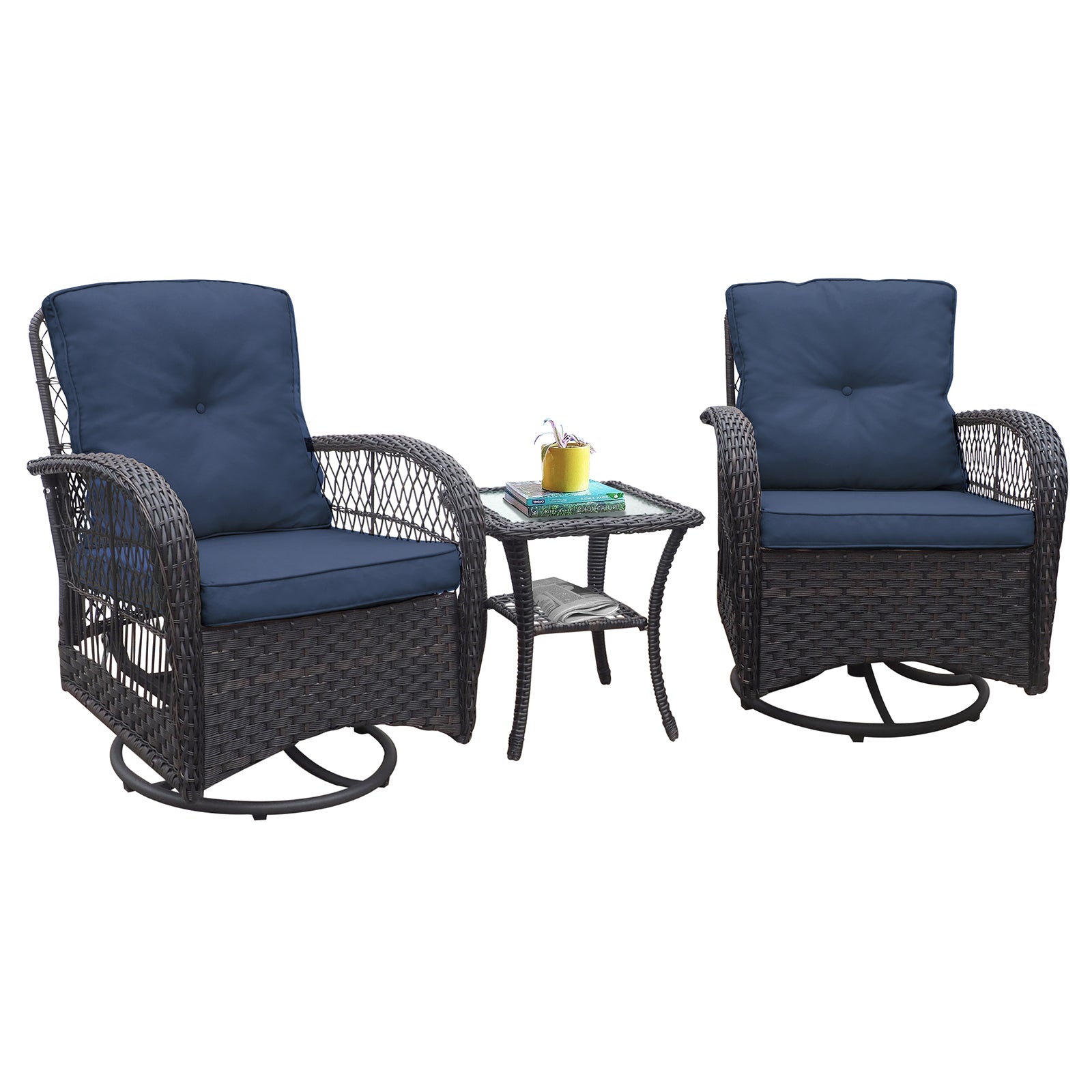 3 Pieces Conversation Set, Outdoor Wicker Rocker Swivel Patio Bistro Set, Rocking Chair With Glass Top Side Table,Navy Blue Yes Complete Patio Set Navy Blue Seats 2 Weather Resistant Frame Garden & Outdoor Retro,Vintage Complete Patio Sets Hdpe Metal