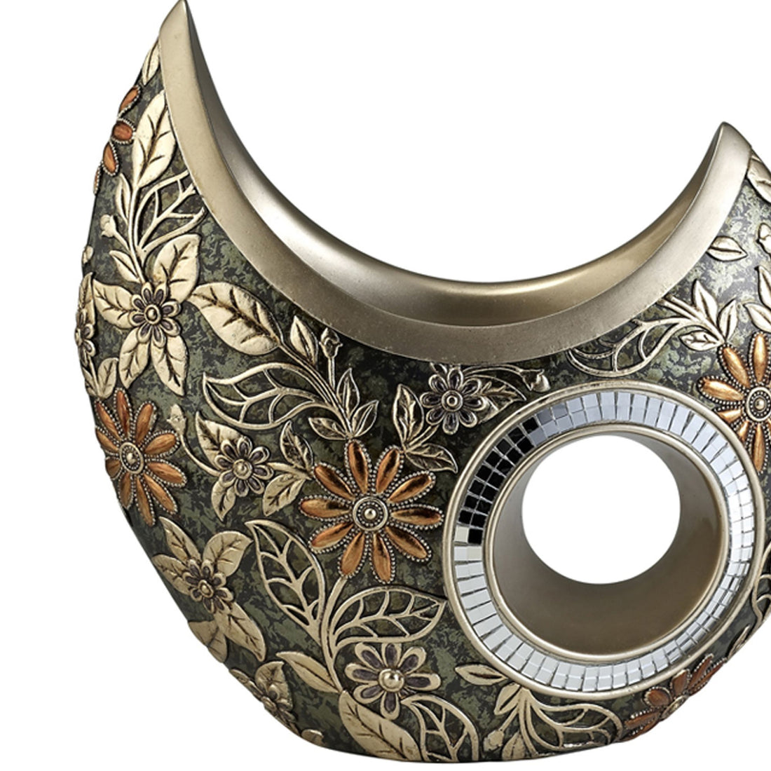 11" Tall Polyresin Decorative Vase, Gold Chrysanthemum Design Gold Polyresin