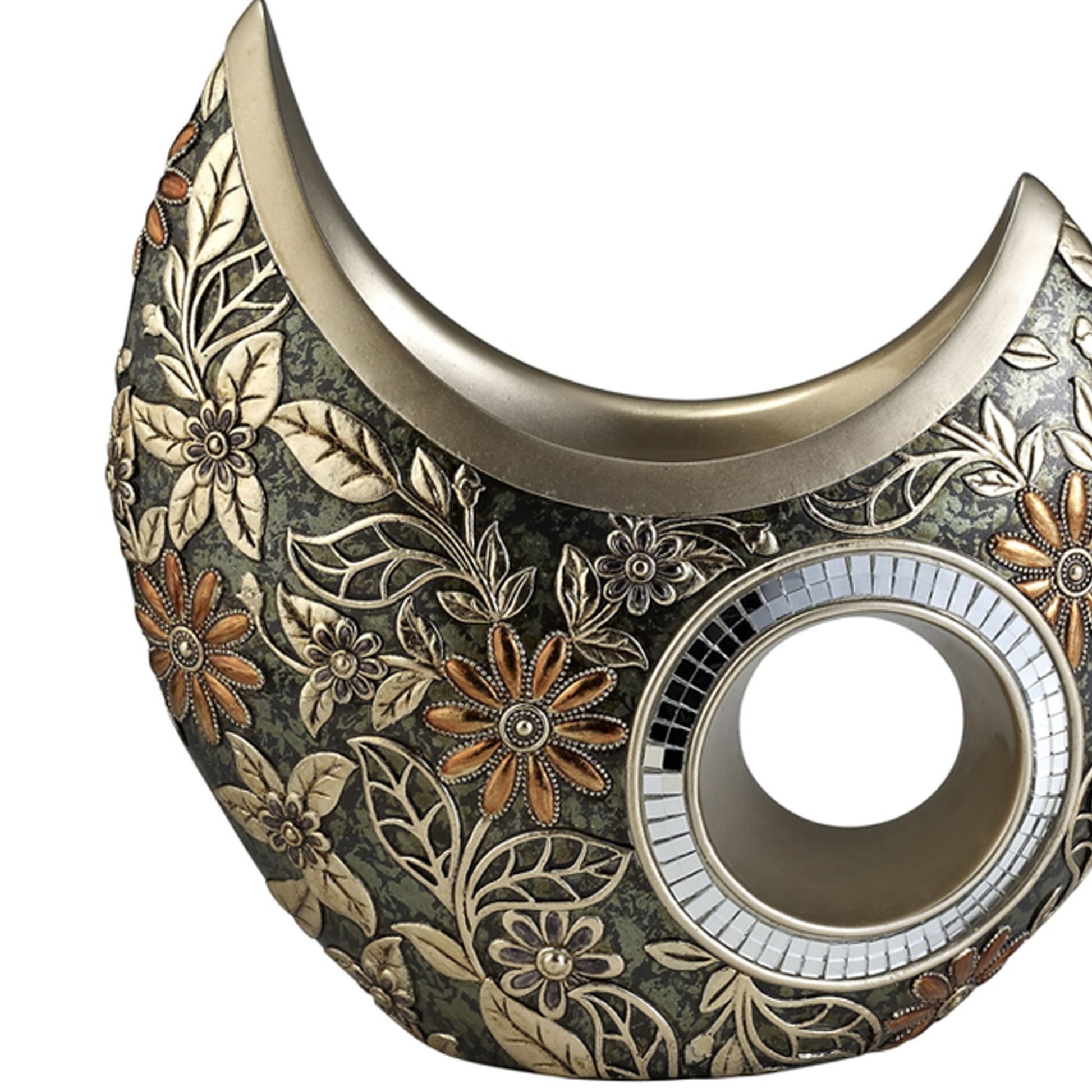 11" Tall Polyresin Decorative Vase, Gold Chrysanthemum Design Gold Polyresin