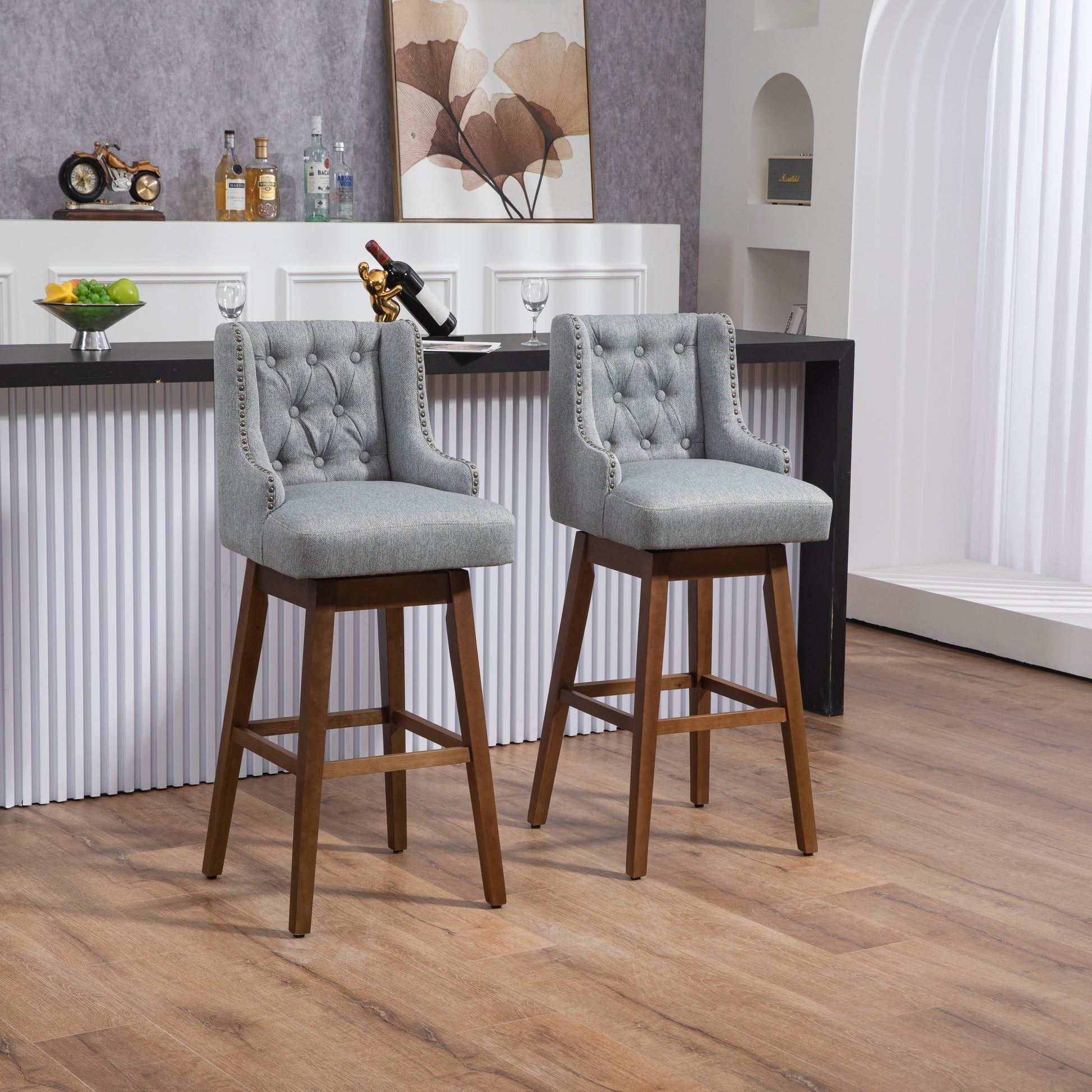 Coolmore Bar Stools Set Of 2 Counter Height Chairs With Footrest For Kitchen, Dining Room And 360 Degree Solid Wood Legs Swivel Bar Stools Set Of 2 Gary Linen Gray Foam Linen