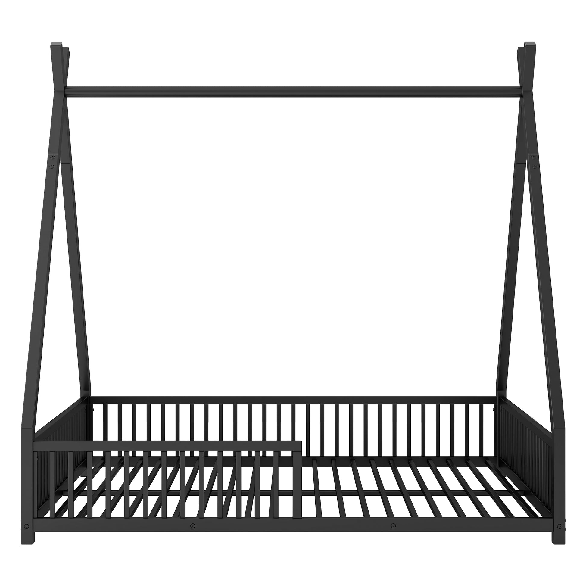 Metal Full Size House Platform Bed With Triangle Structure And Guardrail, Black Box Spring Not Required Full Black Metal Metal