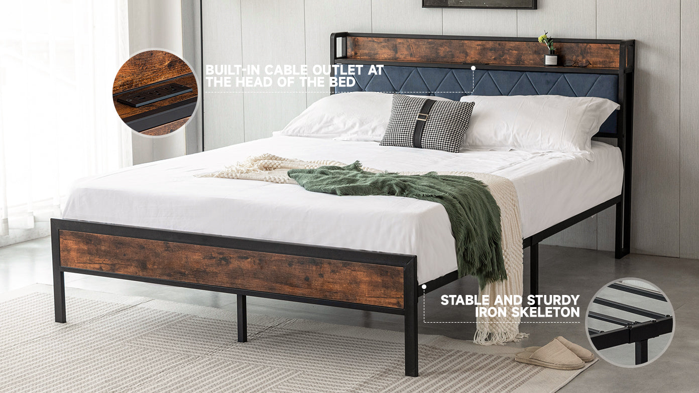 Black Full Metal Bed Frame With Upholstered Headboard And Footboard And Iron Slats, Rustic Bed Base, Heavy Duty Platform Bed Frame,12 Inch Underbed Storage No Springs Required Box Spring Required Full Black Dark Walnut Metal Brown Bedroom