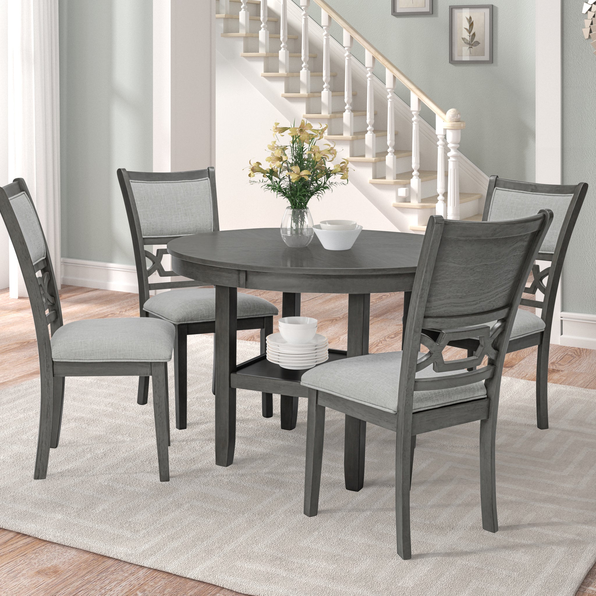 Beautiful Round 5Pc Dining Table Set Lower Storage Shelves Dining Room Set Wooden Furniture Wood Dining Room Fixed Table Rubberwood Round Dining Table With Chair Wood Wood Gray Seats 4 42 Inches