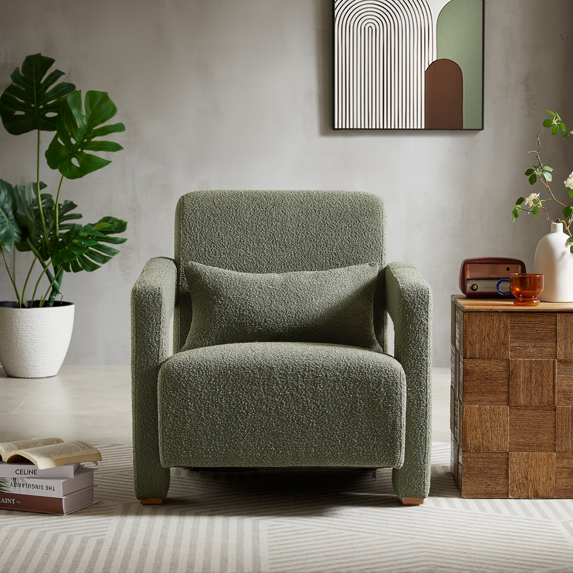 Mirod Sleek Right Angle Armrests, Ergonomic Lumbar Support, Square Wooden Block Legs, Inclined Seat For Comfort, Artistic Statement Piece For Living Room,Bedroom And Study Green Boucle