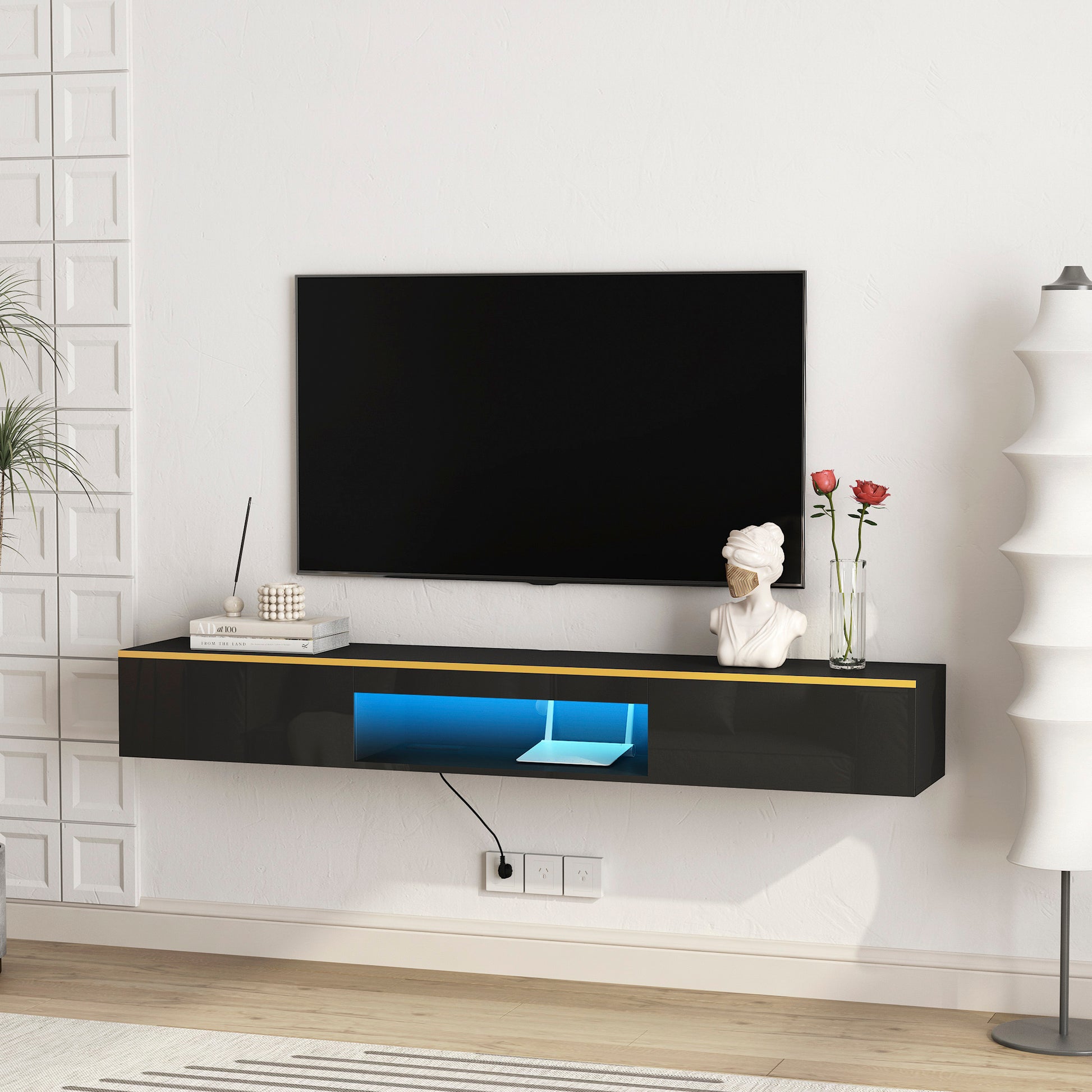 Floating Tv Stand Wall Mounted With 16 Color Leds,69" Modern Tv Stand, Floating Tv Cabinet Entertainment Center For 55 60 65 Inch Tv,Black Black 60 69 Inches Mdf