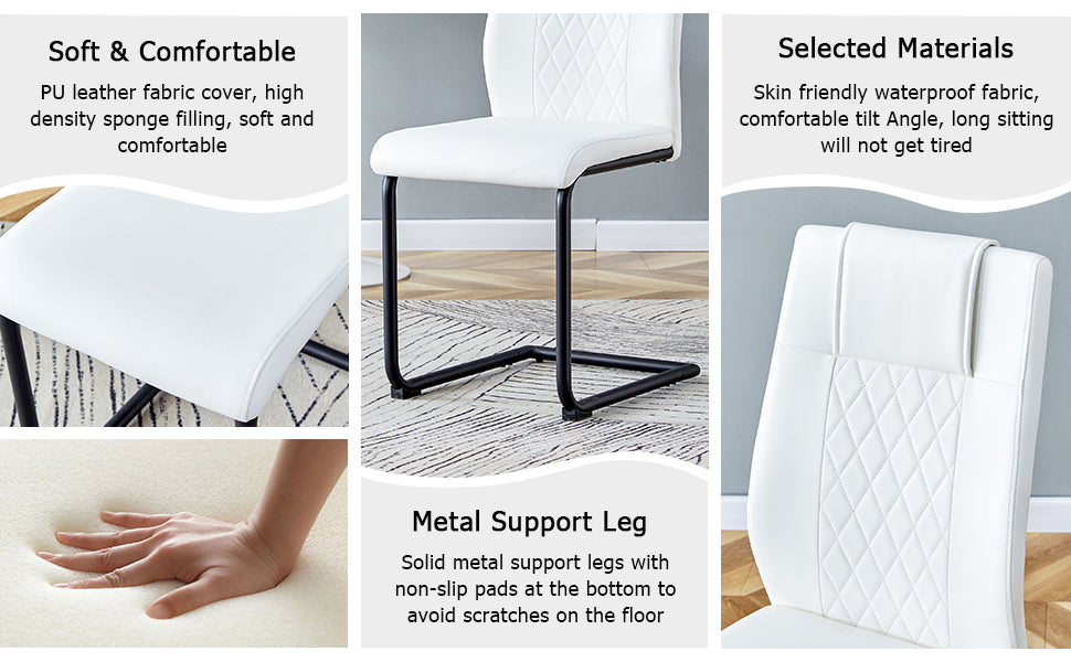 Table And Chair Set.Modern Rectangular Glass Dining Table With 0.39" Tempered Glass Tabletop And Black Metal Legs.Paired With Multiple Chairs Designed With Pu Cushions And Black Metal Legs. White Black Seats 4 Tempered Glass