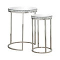 24 Inch Nesting Accent Tables, Mirrored Gemstone Trim, Set Of 2, Silver Silver Glass Metal