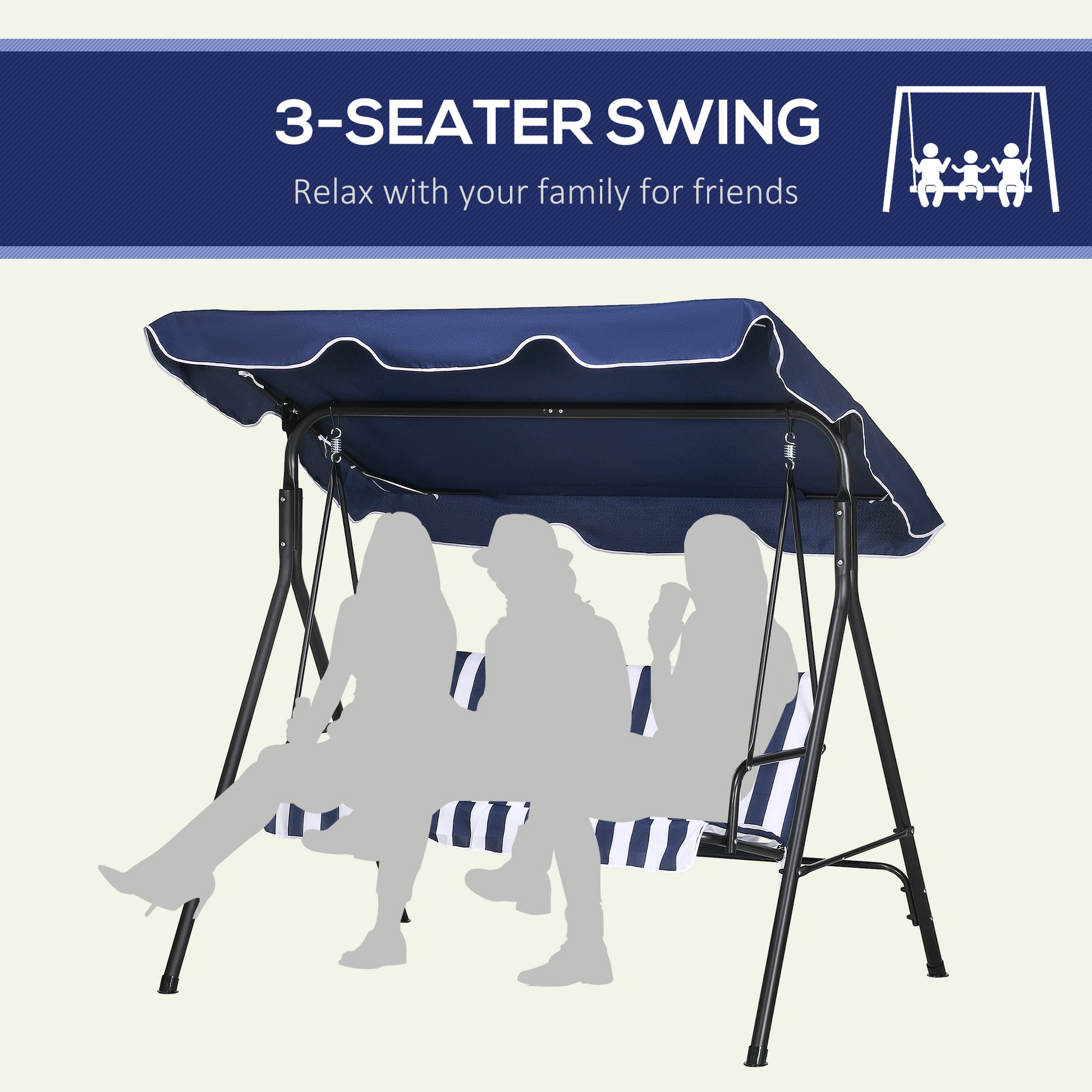 Outsunny 3 Seat Outdoor Patio Swing Chair With Removable Cushion, Steel Frame Stand And Adjustable Tilt Canopy For Patio, Garden, Poolside, Balcony, Backyard, Dark Blue Dark Blue Steel