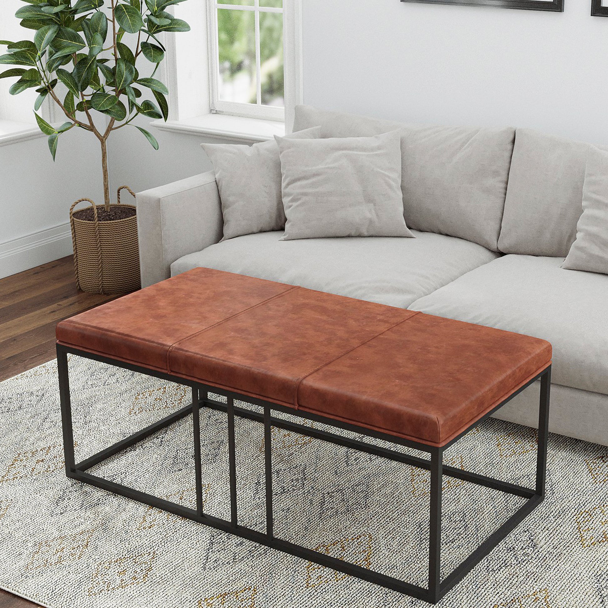 Riley Indoor Brown Faux Leather Multi Function Entry Bench Table Brown Black Foam Metal