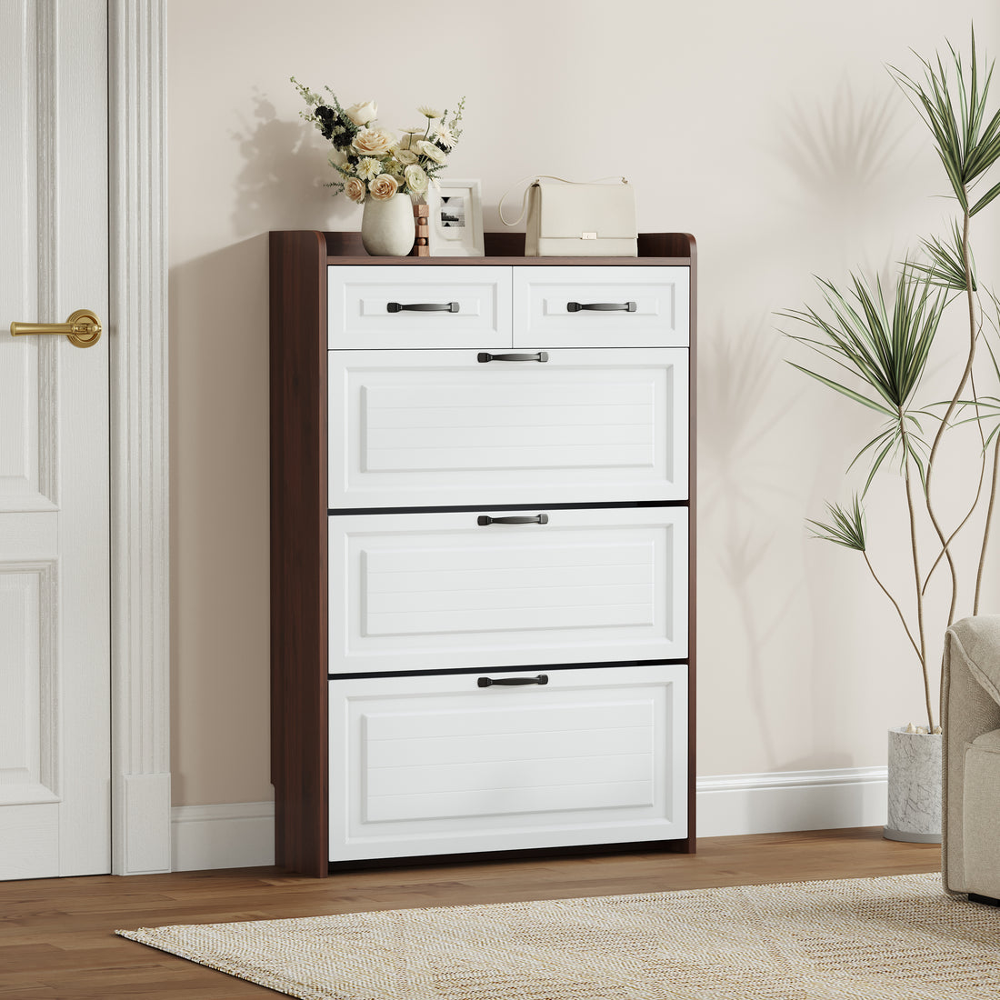 1250 Walnut Colored Shoe Cabinet, 3 Doors And 2 Drawers, Pvc Door Design, Large Storage Space Freestanding Walnut Primary Living Space Adjustable Shelves Classic Wood Particle Board Mdf