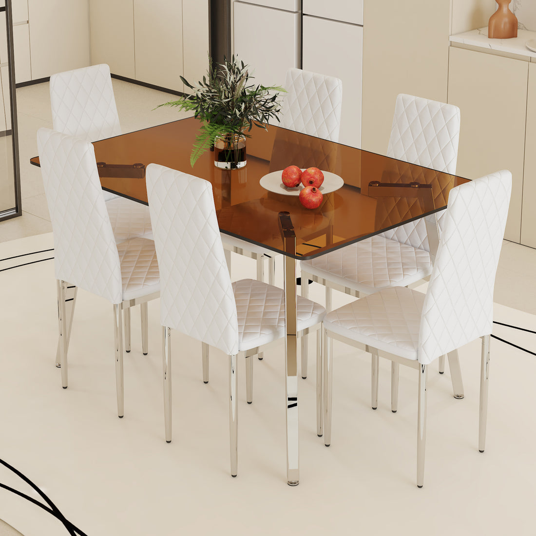 Table And Chair Set.Large Modern Rectangular Table With Brown Glass Top And Silver Metal Legs. Paired With 6 White Chairs With Checkered Armless High Back Pu Cushion And Silver Metal Legs. Silver,White Seats 6 Glass Metal