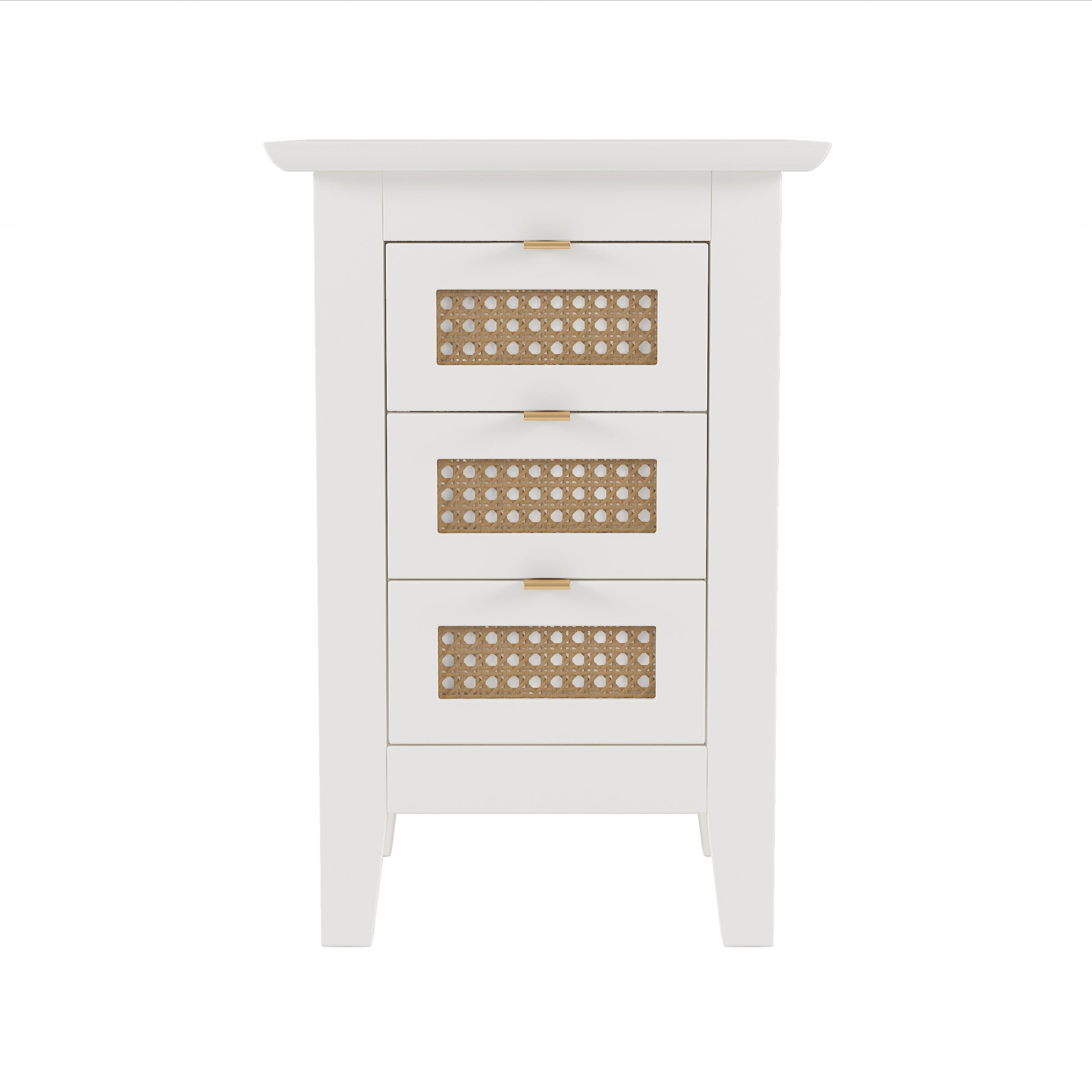 3 Pieces Bedroom Sets Queen Size Wooden Platform Bed With Natural Rattan Headboard, Nightstands Set Of 2 With Rattan Woven Surfaces And Three Drawers For Bedroom, White White Particle Board