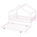 Full Size Metal House Bed With Twin Size Trundle, Pink Full Pink Metal
