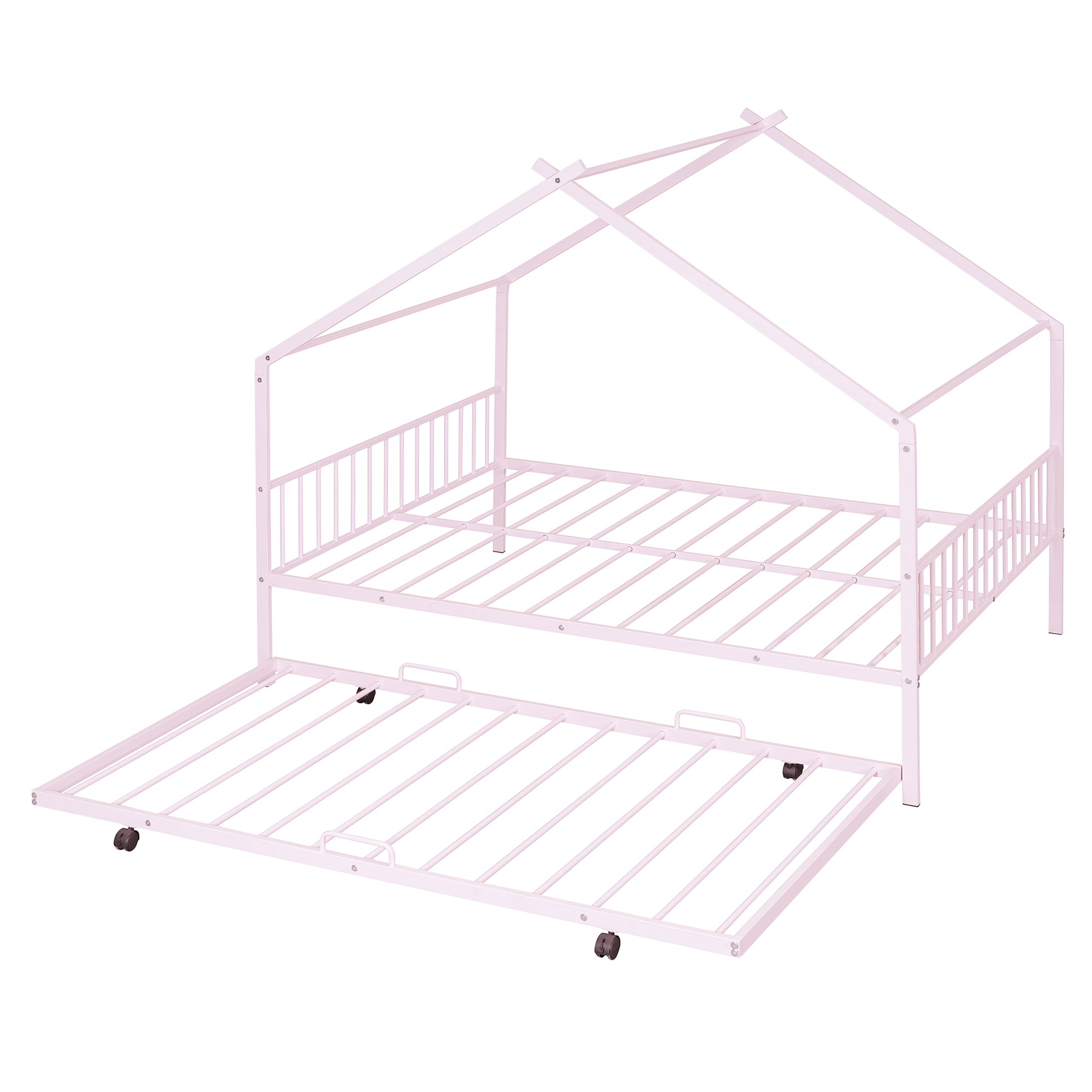 Full Size Metal House Bed With Twin Size Trundle, Pink Full Pink Metal