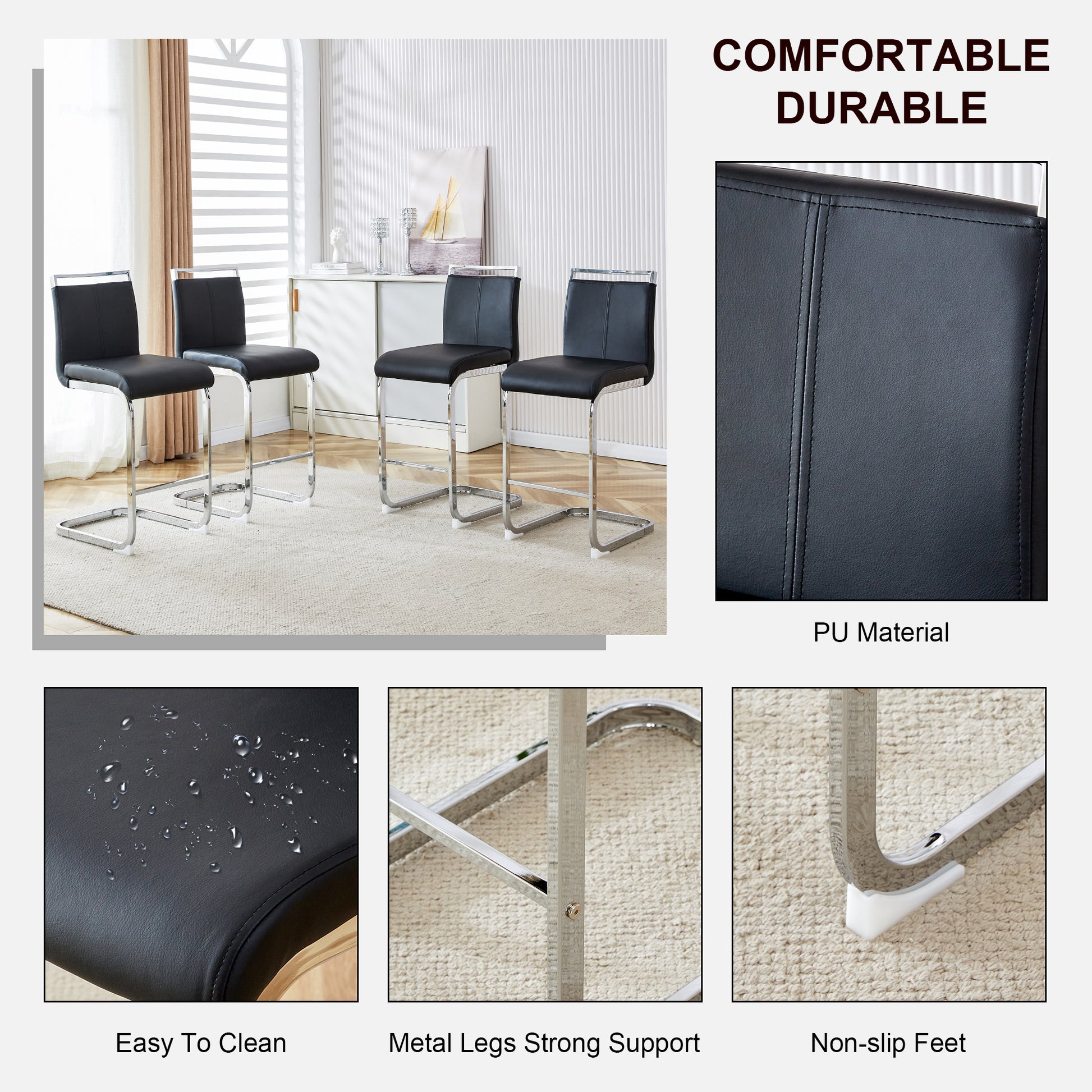 Table And Chair Set. A Rectangular Glass Dining Table With A 0.4 Inch Tempered Glass Tabletop And Mdf Board V Shaped Bracket, Paired With Chairs Consisting Of Pu Seat Cushions And Silver Metal Legs. Black Seats 4 Tempered Glass