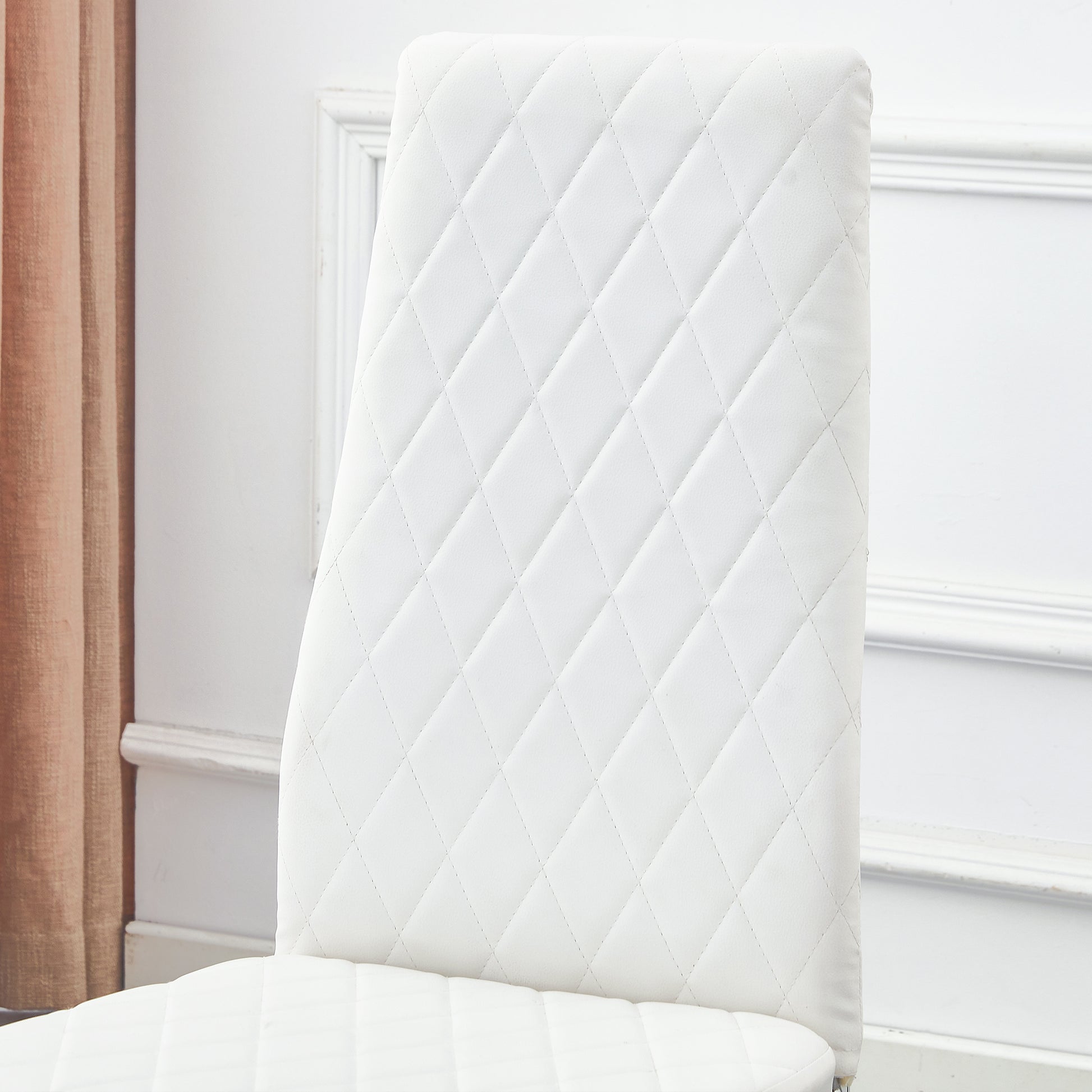 Table And Chair Set.Large Modern Rectangular Table With Brown Glass Top And Silver Metal Legs. Paired With 6 White Chairs With Checkered Armless High Back Pu Cushion And Silver Metal Legs. Silver,White Seats 6 Glass Metal