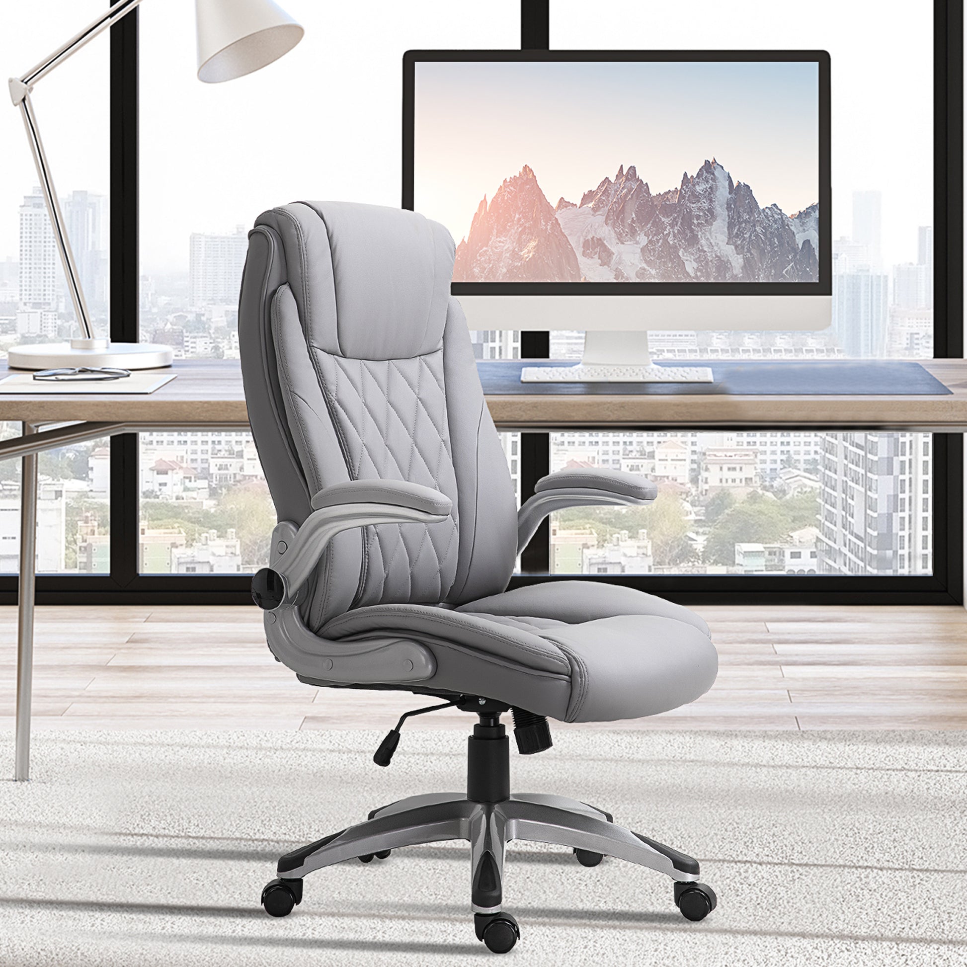 Vinsetto High Back 360 Swivel Ergonomic Home Office Chair With Flip Up Arms, Faux Leather Computer Desk Rocking Chair, Grey Grey Pu Leather