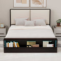 Queen Size Platform Bed Frame With Upholstery Headboard And Bookshelf In Footboard And Led Light Strips, Espresso Queen Espresso Solid Wood Mdf
