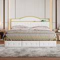 Metal Platform Bed With 3 Drawers, Storage Headboard, King, Gold King Gold White Fabric Metal