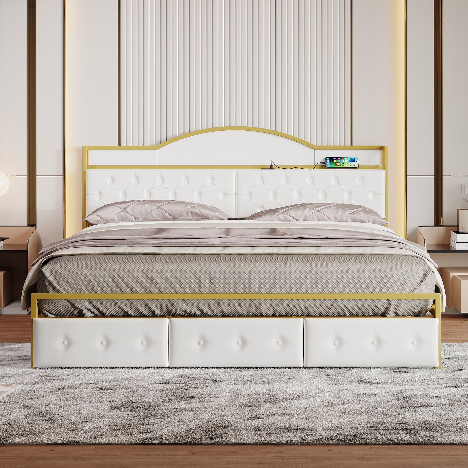 Metal Platform Bed With 3 Drawers, Storage Headboard, King, Gold King Gold White Fabric Metal