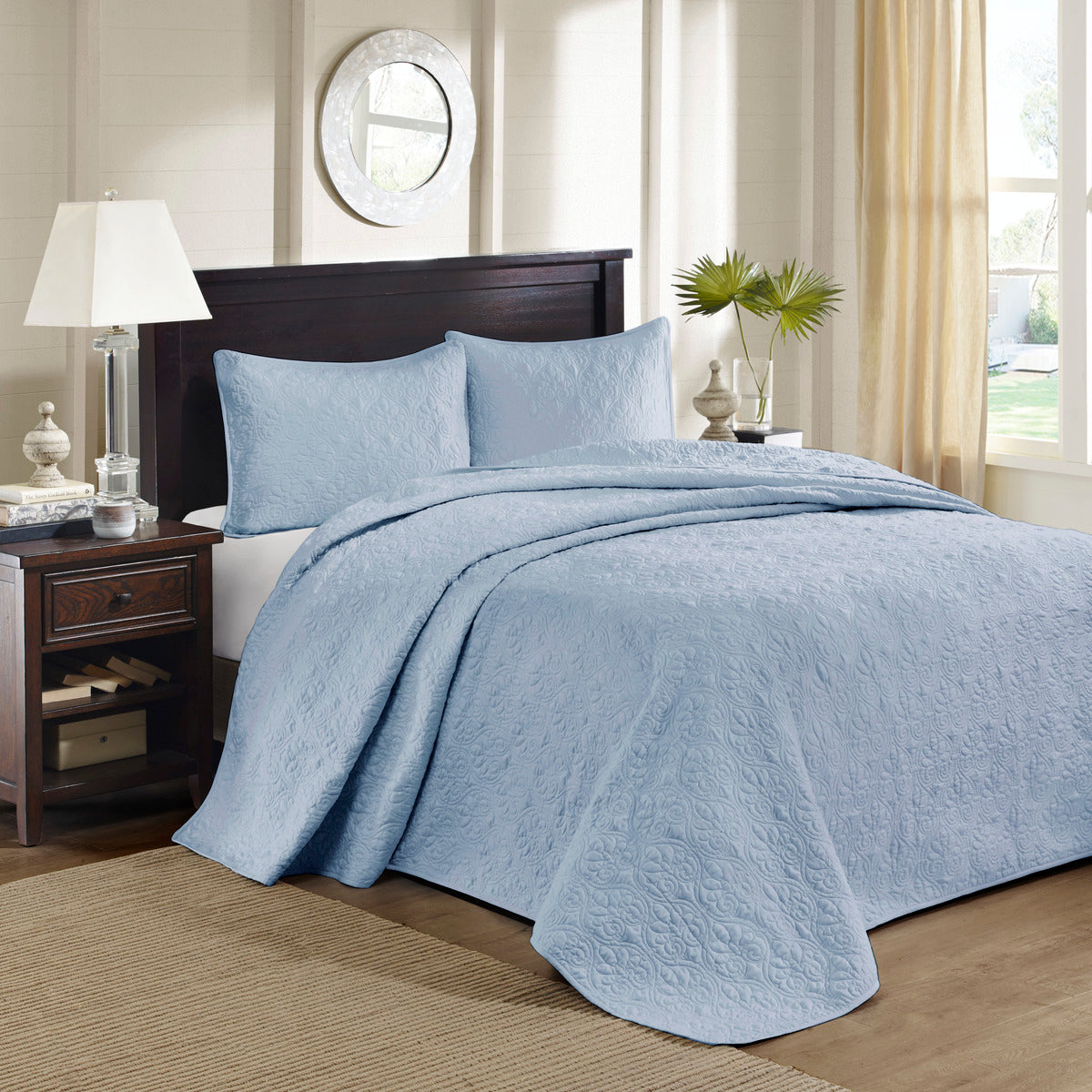 Reversible Bedspread Set Blue King Blue Cotton
