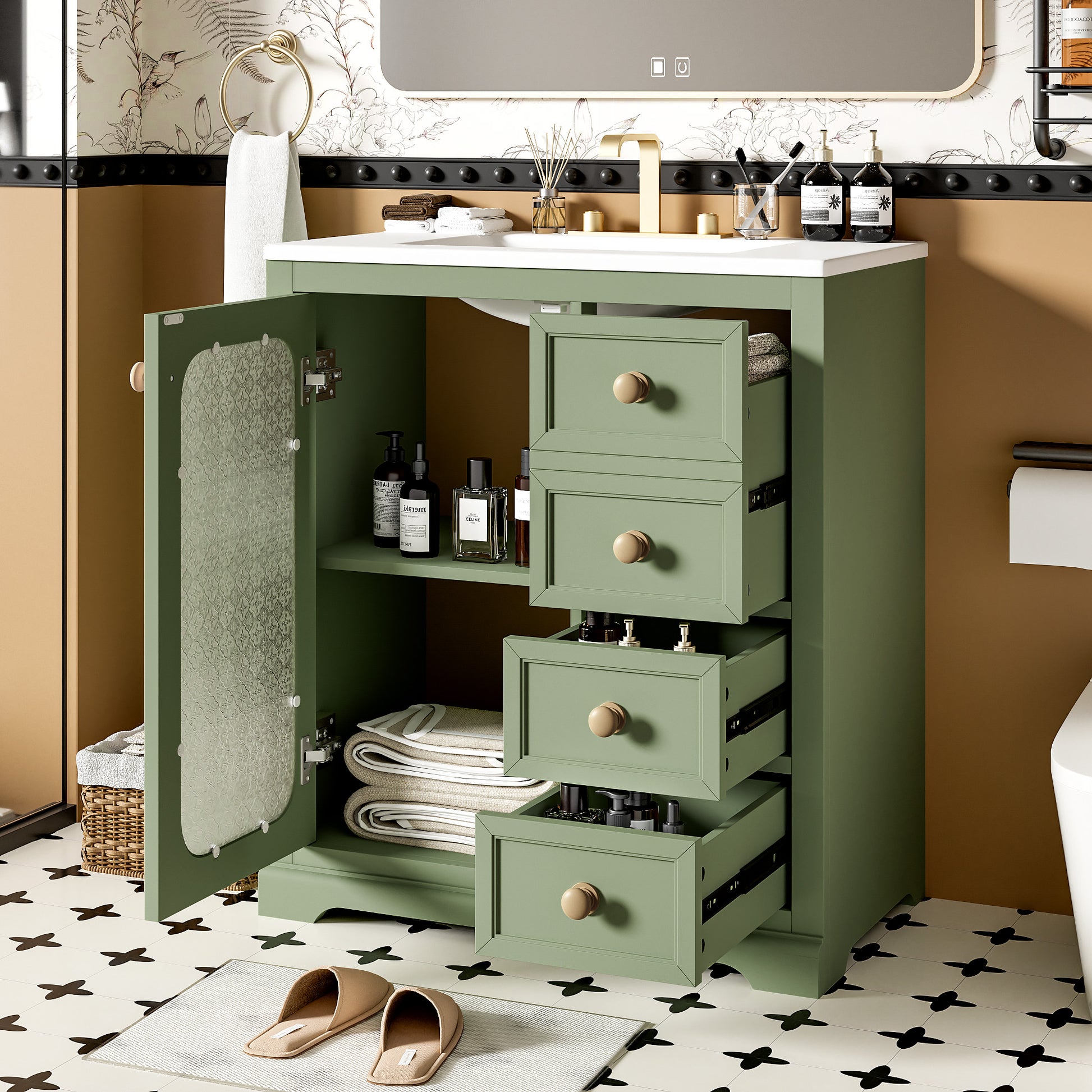 30 Inch Bathroom Vanity With A Soft Close Glass Door, Adjustable Shelves, And Three Drawers Green Bathroom Solid Wood Mdf Glass