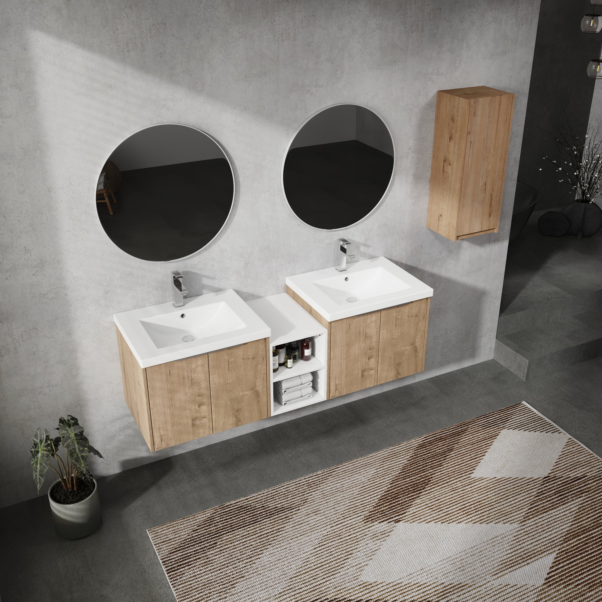 60" Wall Mounted Bathroom Vanity With Sink And Side Cabinet, Soft Close Doors,00112Imox1 0624Imox2 0612Gwh Combination Cabinet Kd Packing Imitative Oak Bathroom Modern Plywood Plywood