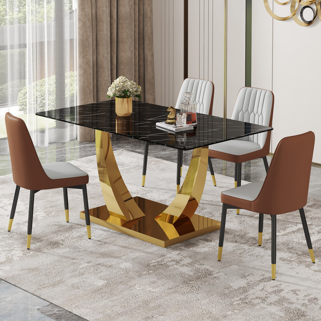 Table And Chair Set.Modern Rectangular Dining Table With Black Textured Stickers Glass Tabletop And Gold Plated Metal Legs.Paried With 4 Comfortable Chairs With Pu Seats And Black Metal Legs. Black Gold,Brown,Light Gray Seats 4 Glass Metal