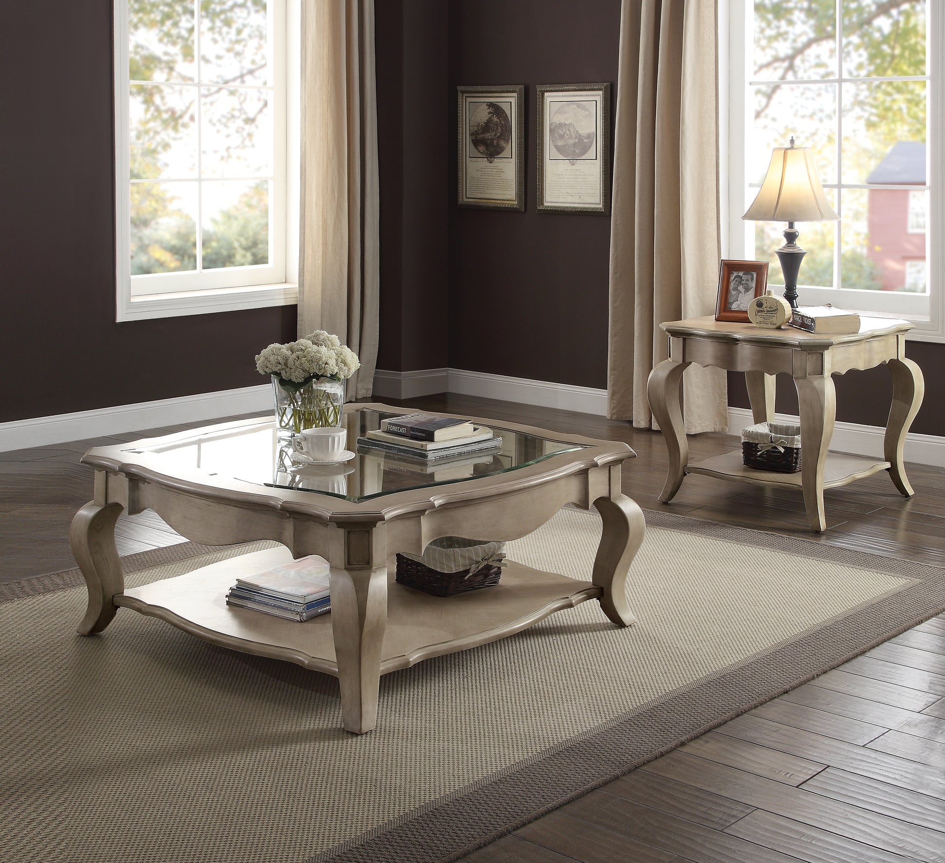 Antique Taupe End Table With Bottom Shelf Taupe Gold Primary Living Space Shelves Rectangular Solid Wood