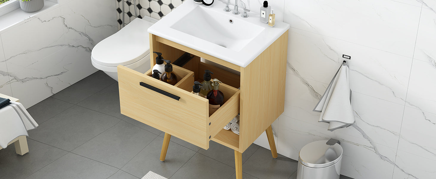 24" Bathroom Vanity With Sink Combo, Multi Functional Bathroom Cabinet With Drawer, Mdf Board, Natural Natural Solid Wood Mdf