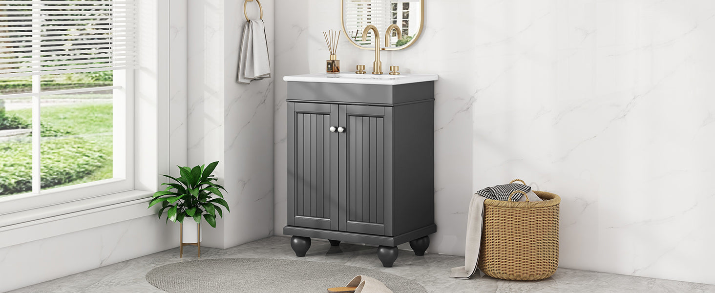 24" Black Modern Sleek Bathroom Vanity Elegant Ceramic Sink With Solid Wood Frame, Adjustable Shelf Black Solid Wood Mdf